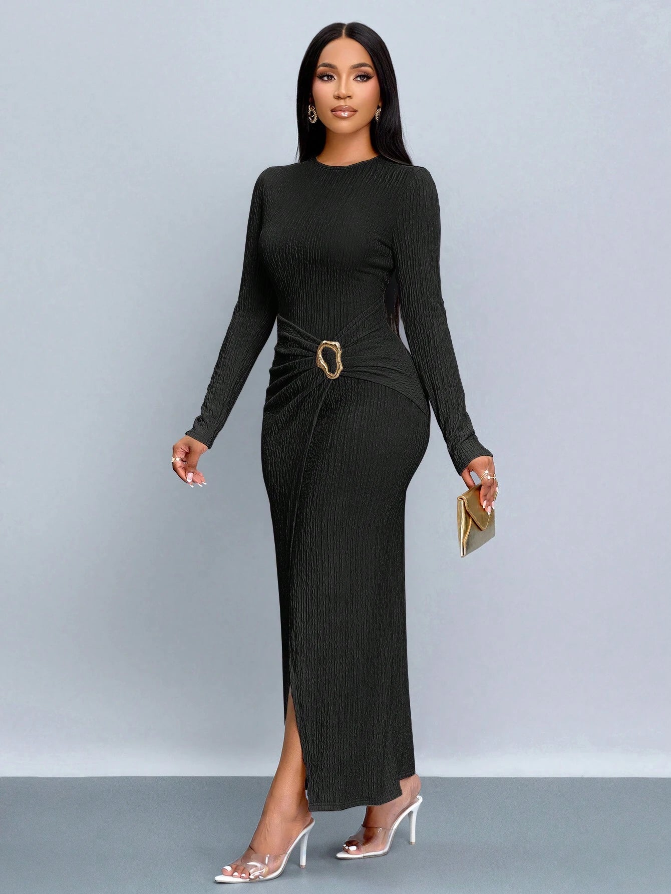 SOLERSUN Women's Black Elegant Twisted Maxi Dress,Solid Color Autumn