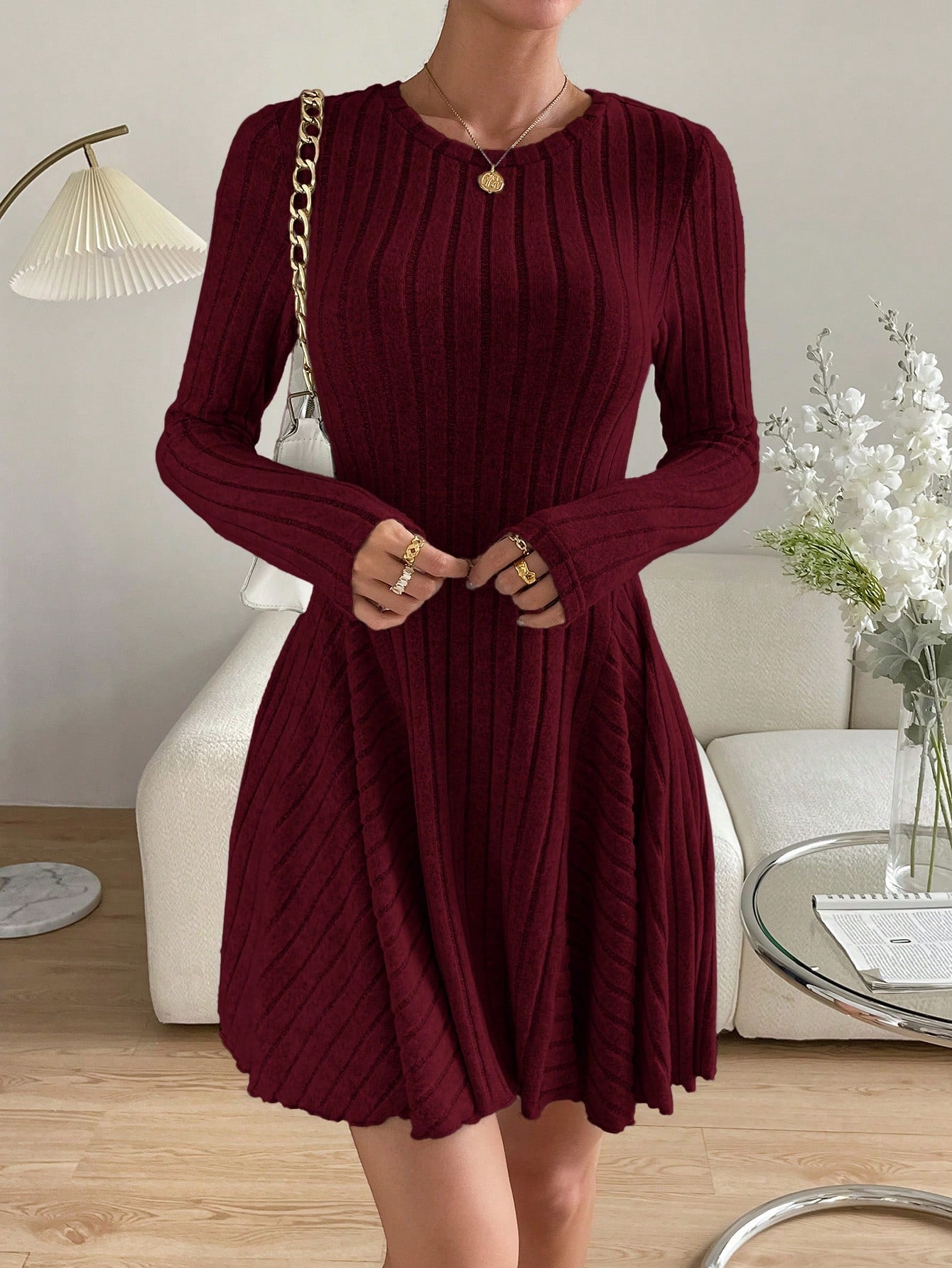 Essnce Valentine's Day Women's Solid Round Neck Ribbed Long Sleeve