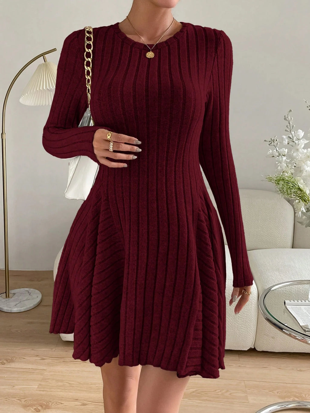 Essnce Valentine's Day Women's Solid Round Neck Ribbed Long Sleeve