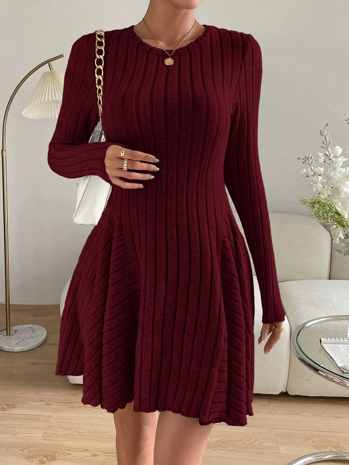 Essnce Valentine's Day Women's Solid Round Neck Ribbed Long Sleeve