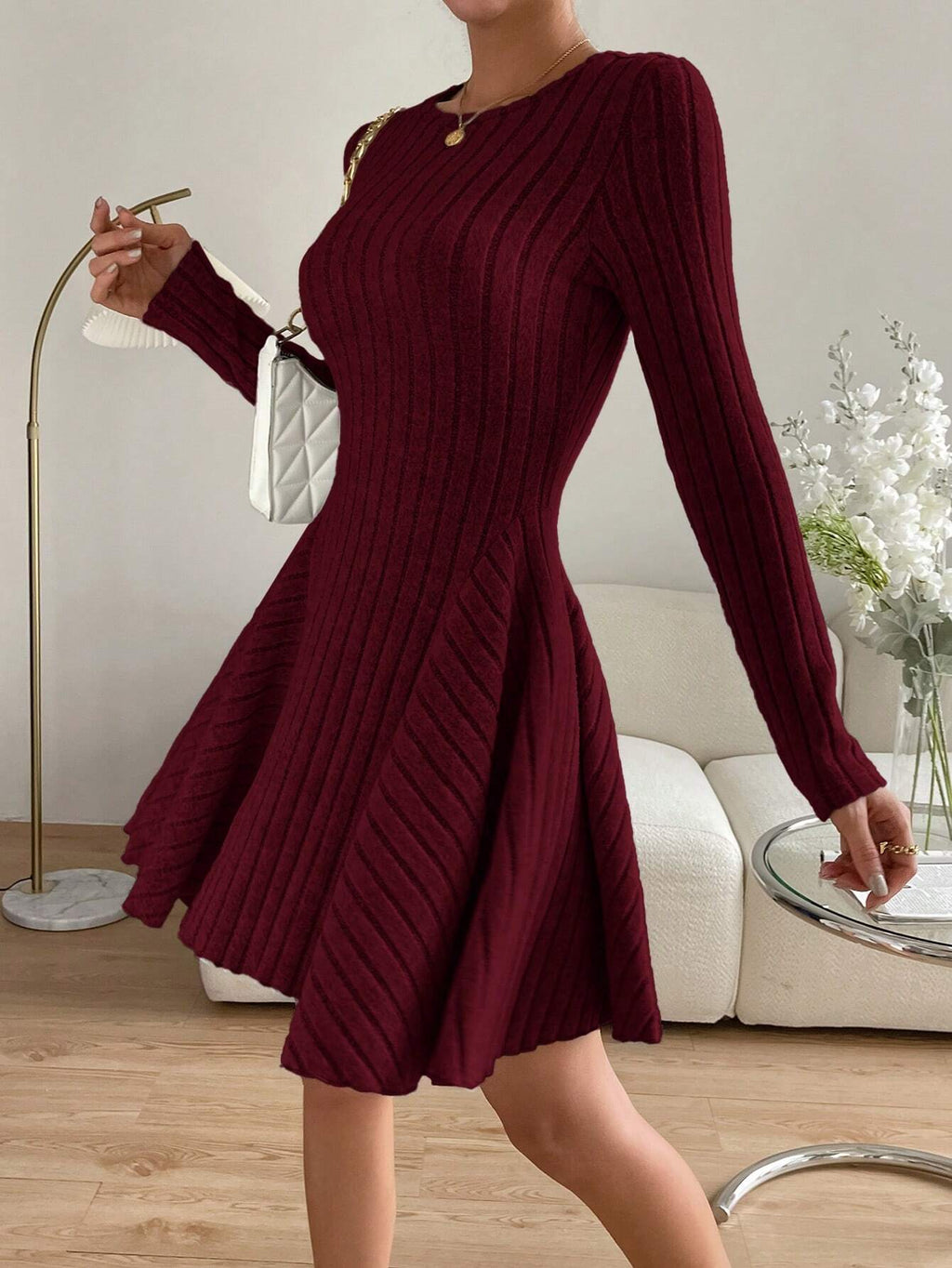 Essnce Valentine's Day Women's Solid Round Neck Ribbed Long Sleeve