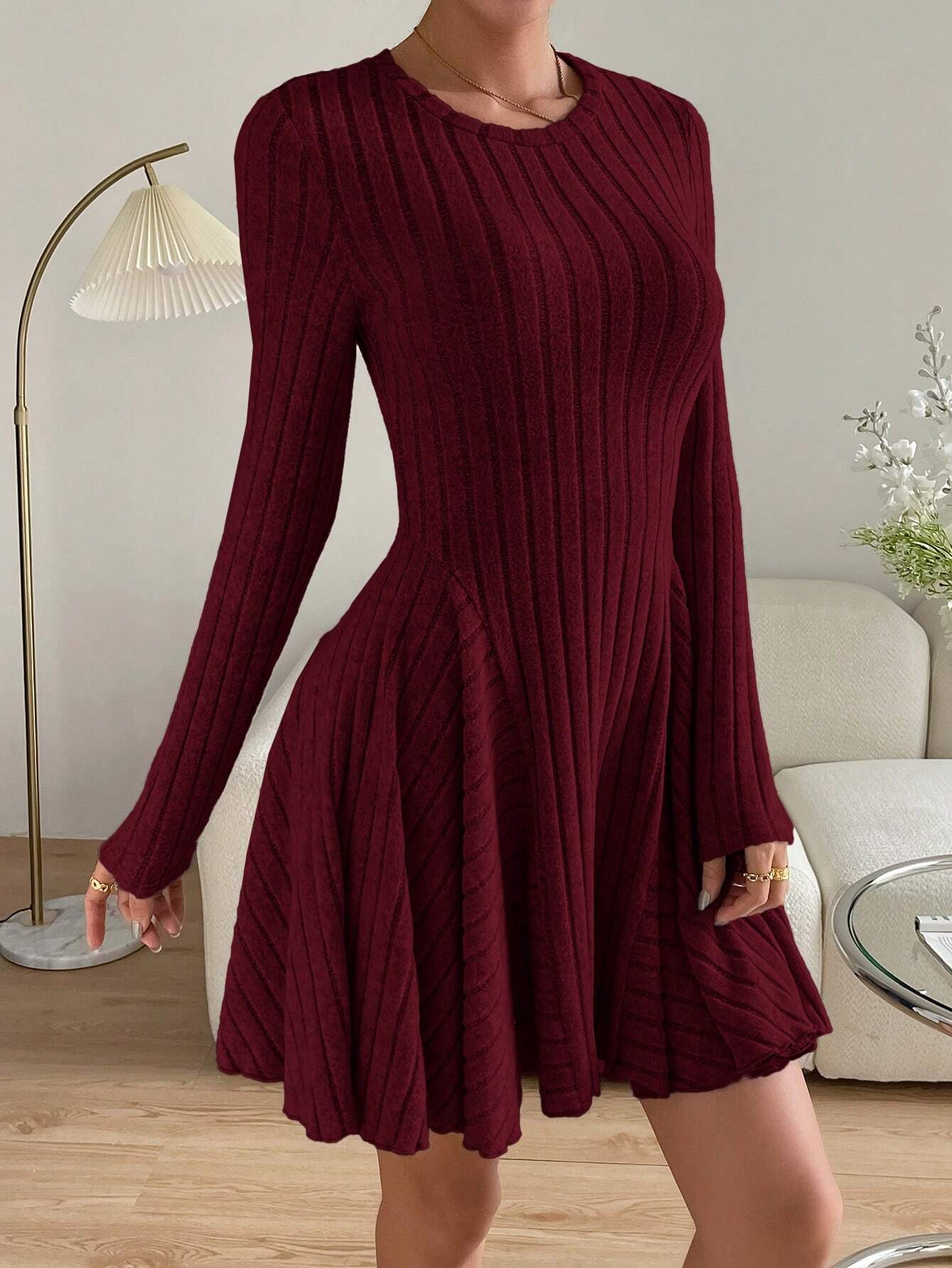 Essnce Valentine's Day Women's Solid Round Neck Ribbed Long Sleeve