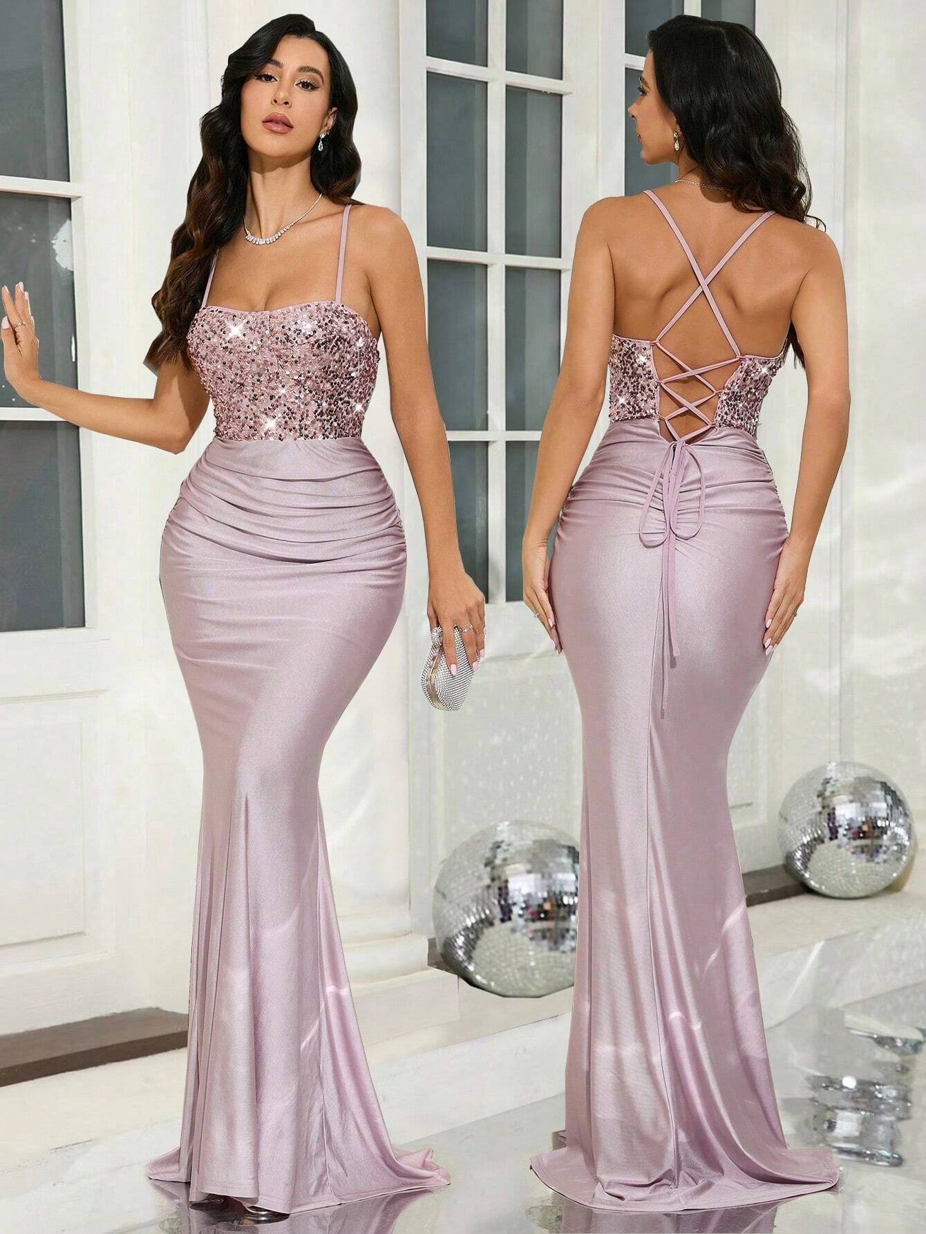 Belle Elegant,Grey,Summer,Dining Royal Blue Sequined Backless Satin