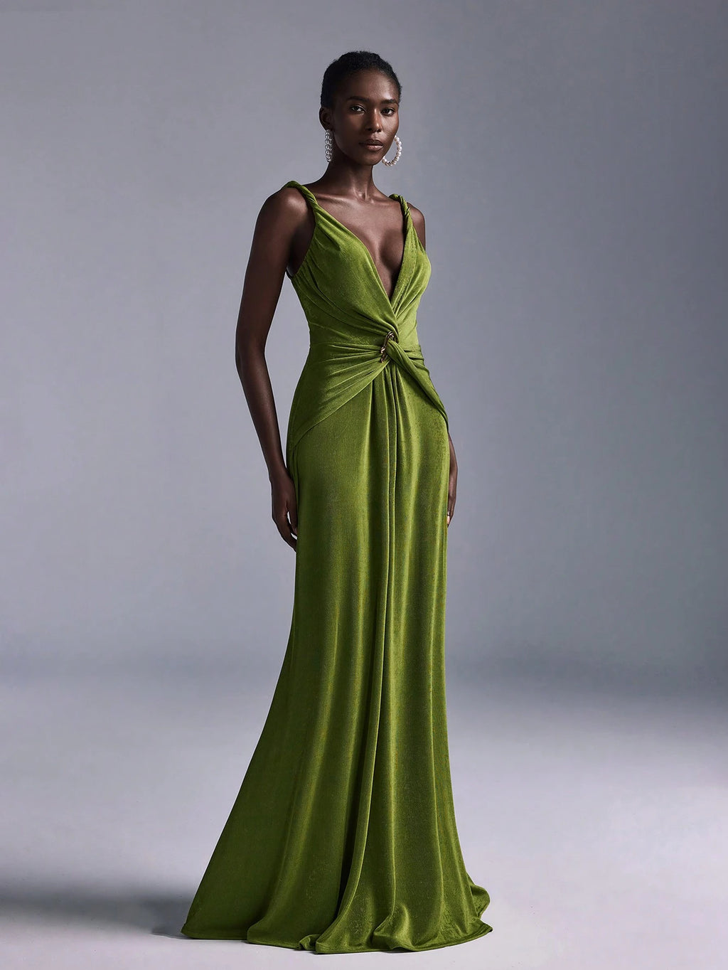 Belle Elegant Olive Green Summer Evening Wedding Bridesmaid Dress, Deep V-Neck Sleeveless Backless Fishtail