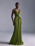 Belle Elegant Olive Green Summer Evening Wedding Bridesmaid Dress, Deep V-Neck Sleeveless Backless Fishtail