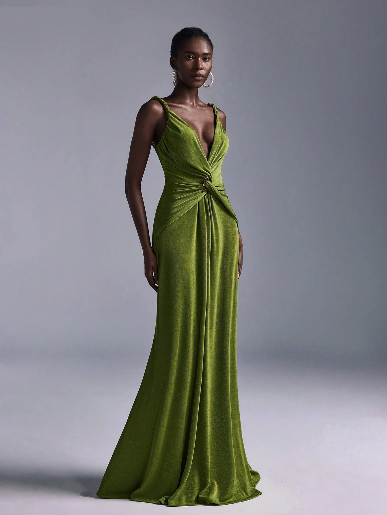 Belle Elegant Olive Green Summer Evening Wedding Bridesmaid Dress, Deep V-Neck Sleeveless Backless Fishtail