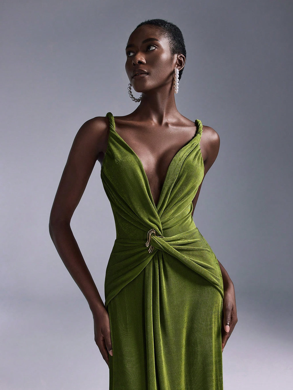Belle Elegant Olive Green Summer Evening Wedding Bridesmaid Dress, Deep V-Neck Sleeveless Backless Fishtail - image 2