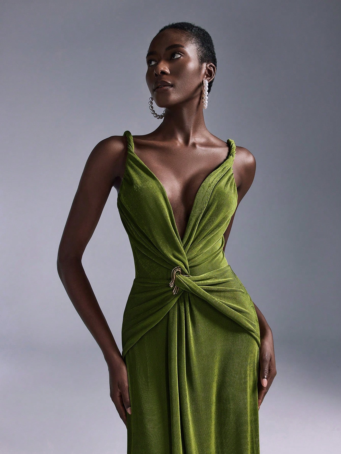 Belle Elegant Olive Green Summer Evening Wedding Bridesmaid Dress, Deep V-Neck Sleeveless Backless Fishtail - image 2