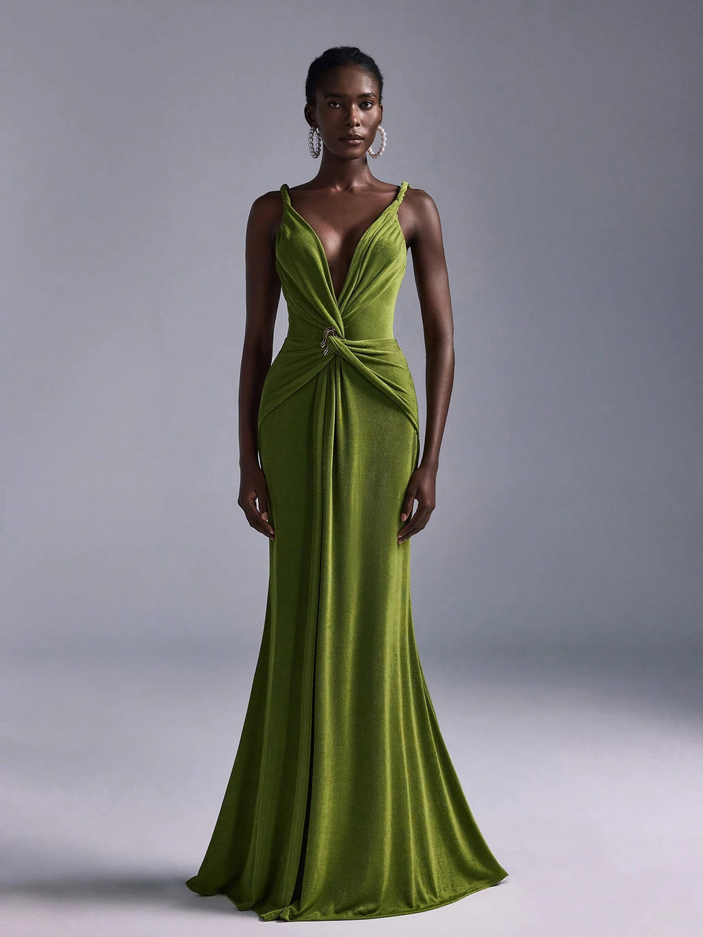 Belle Elegant Olive Green Summer Evening Wedding Bridesmaid Dress, Deep V-Neck Sleeveless Backless Fishtail - image 4