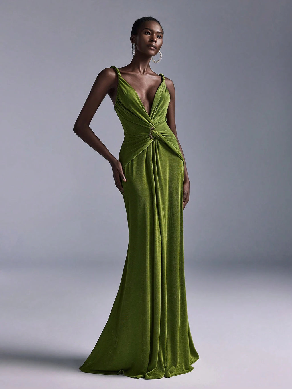 Belle Elegant Olive Green Summer Evening Wedding Bridesmaid Dress, Deep V-Neck Sleeveless Backless Fishtail - image 5