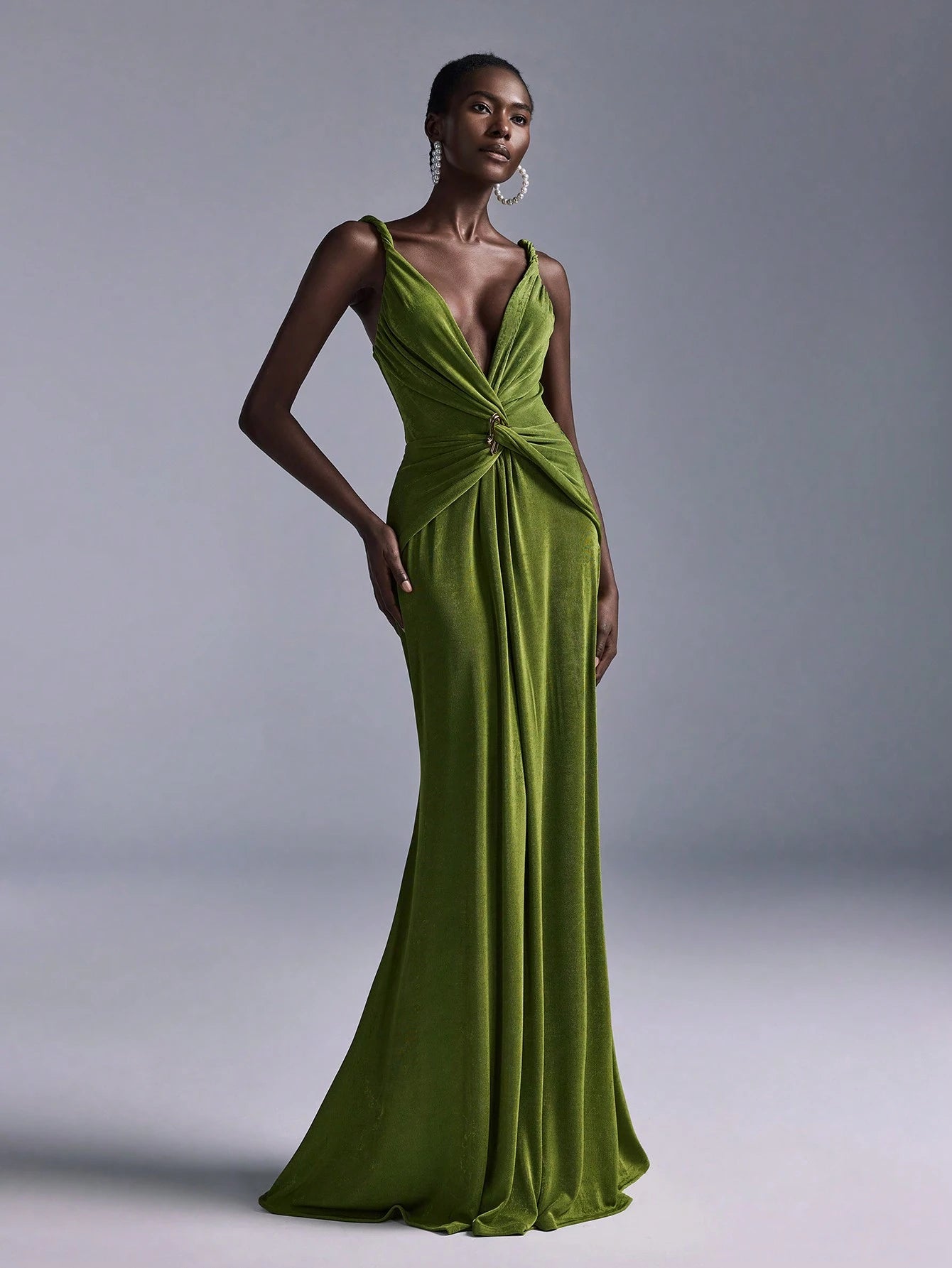 Belle Elegant Olive Green Summer Evening Wedding Bridesmaid Dress, Deep V-Neck Sleeveless Backless Fishtail - image 5
