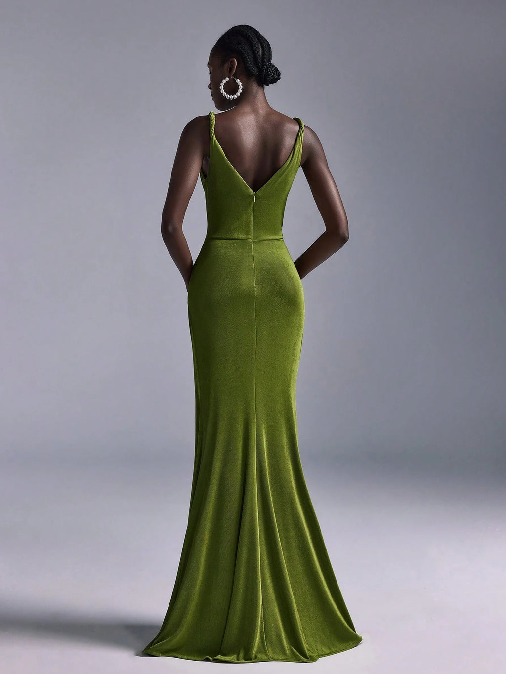 Belle Elegant Olive Green Summer Evening Wedding Bridesmaid Dress, Deep V-Neck Sleeveless Backless Fishtail - image 6