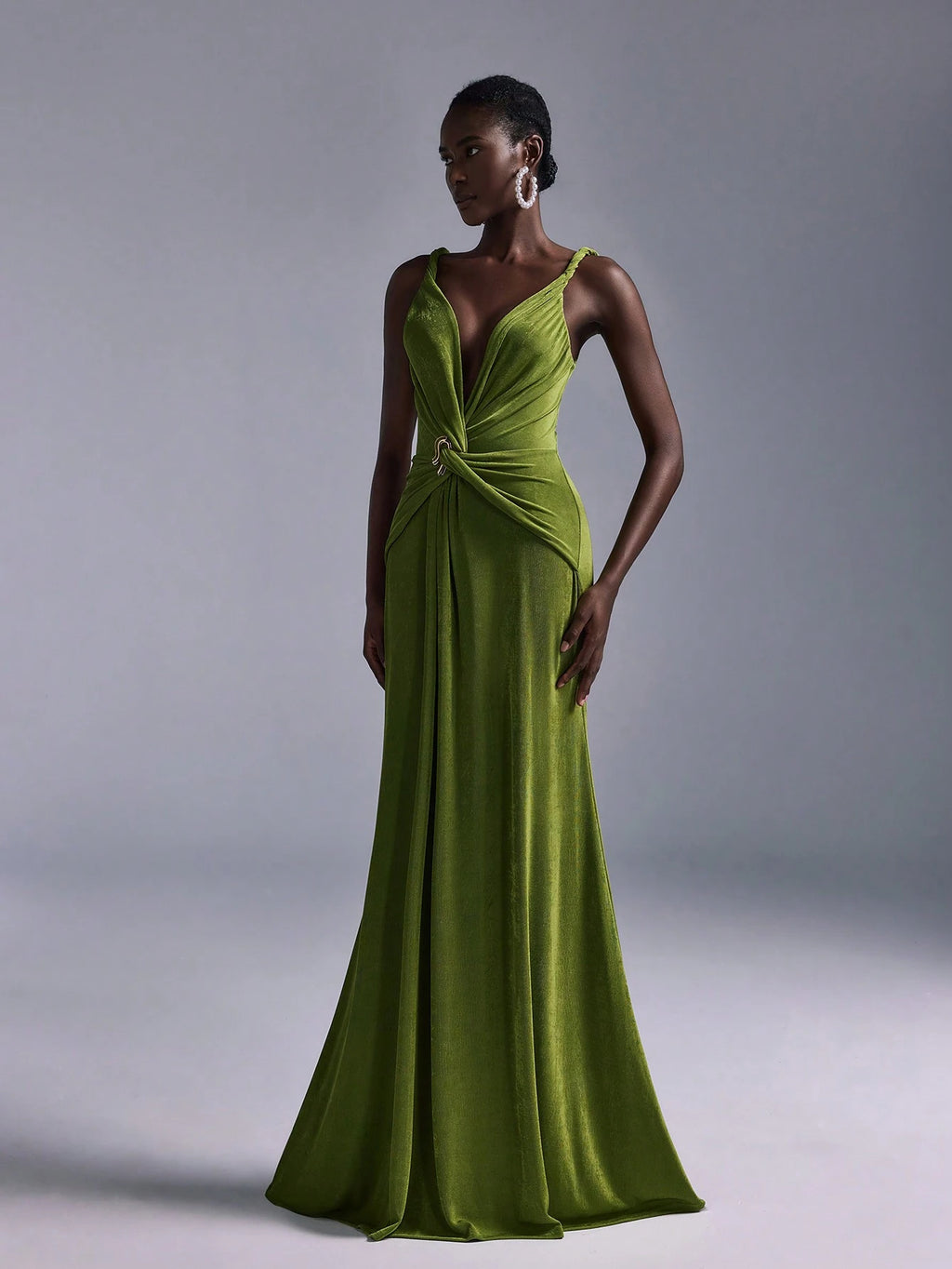 Belle Elegant Olive Green Summer Evening Wedding Bridesmaid Dress, Deep V-Neck Sleeveless Backless Fishtail - image 7