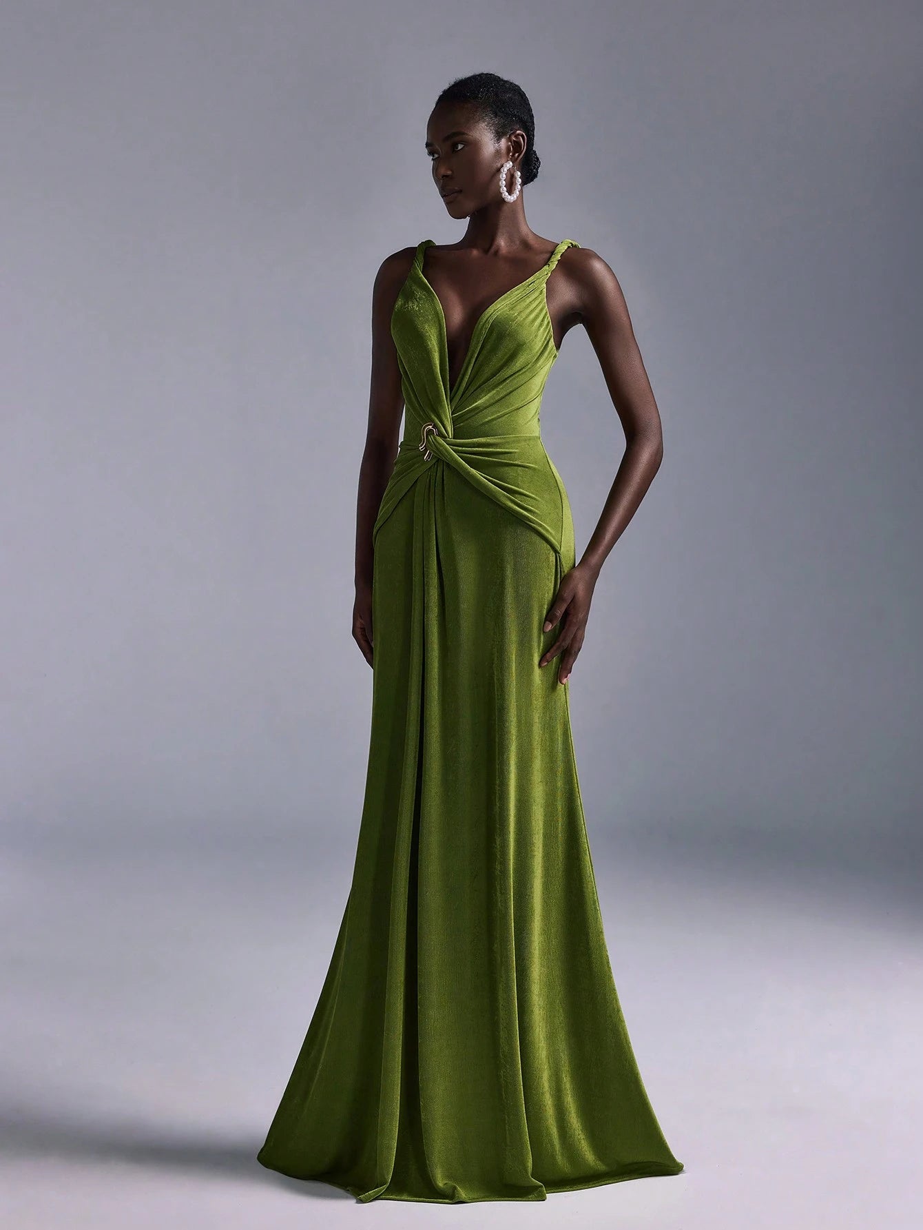 Belle Elegant Olive Green Summer Evening Wedding Bridesmaid Dress, Deep V-Neck Sleeveless Backless Fishtail - image 7