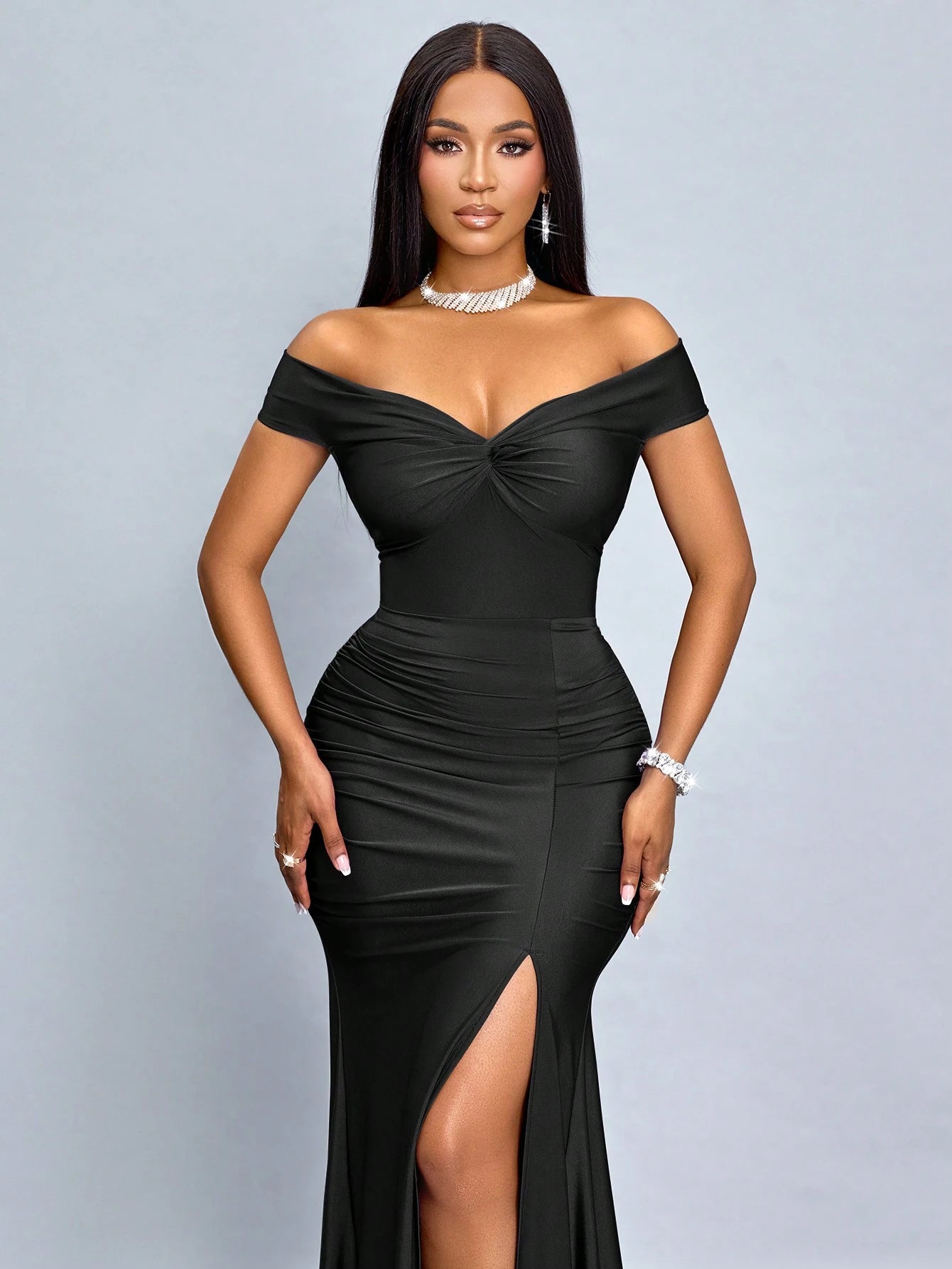 Elegant Solid Color Off-Shoulder Twist Slit Backless Fitted Dress