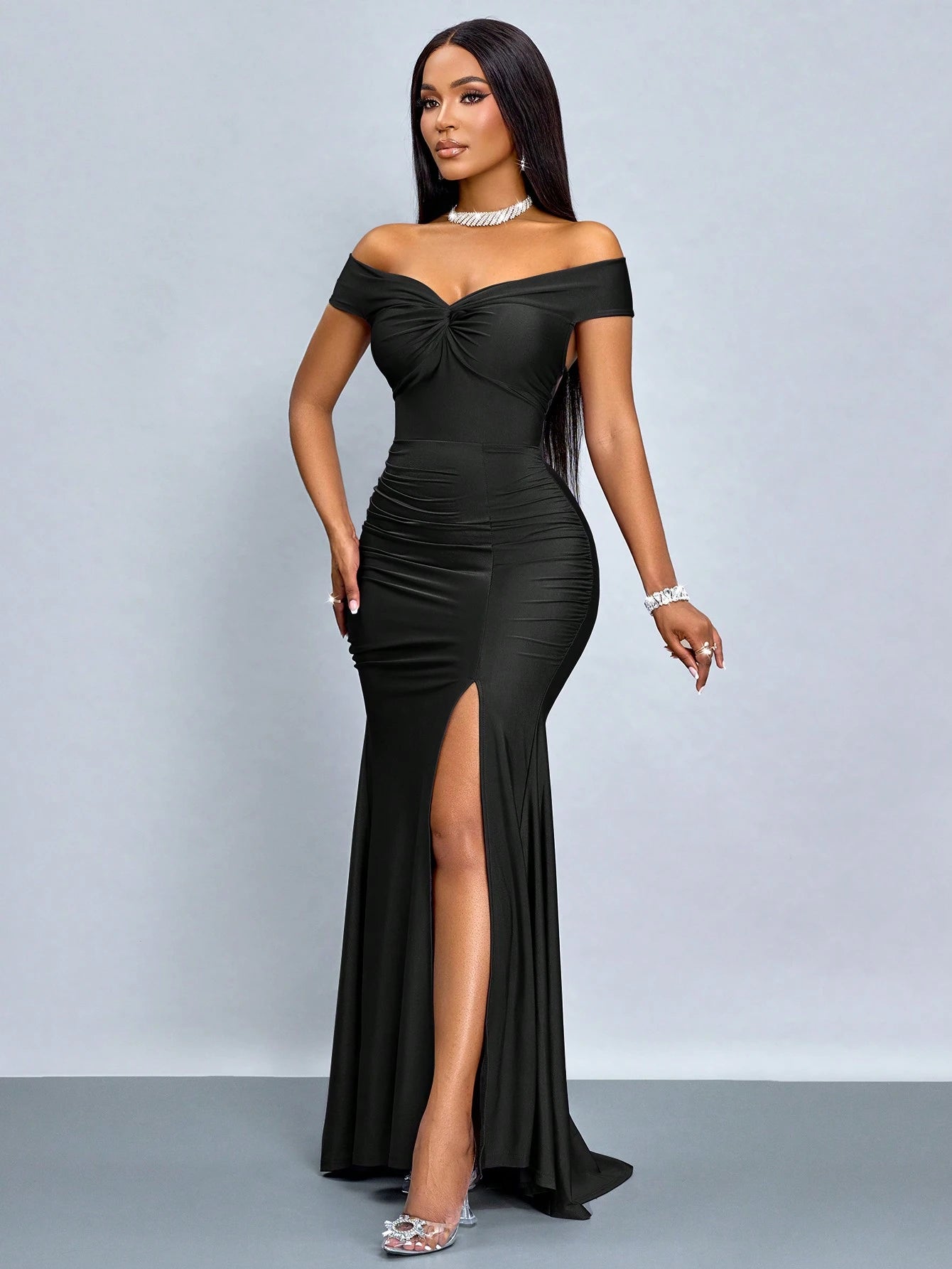 Elegant Solid Color Off-Shoulder Twist Slit Backless Fitted Dress