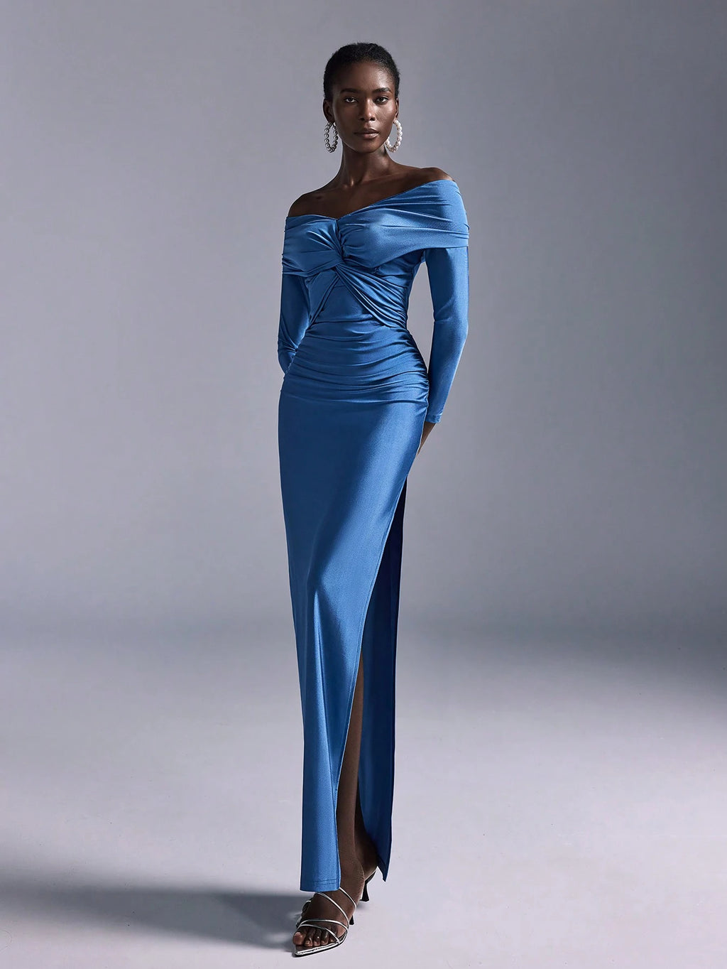 Elitara Blue Spring Elegant Party Wedding Guest Bridesmaid Dress, Knitted Stretch Fabric Pleated One Shoulder - image 6