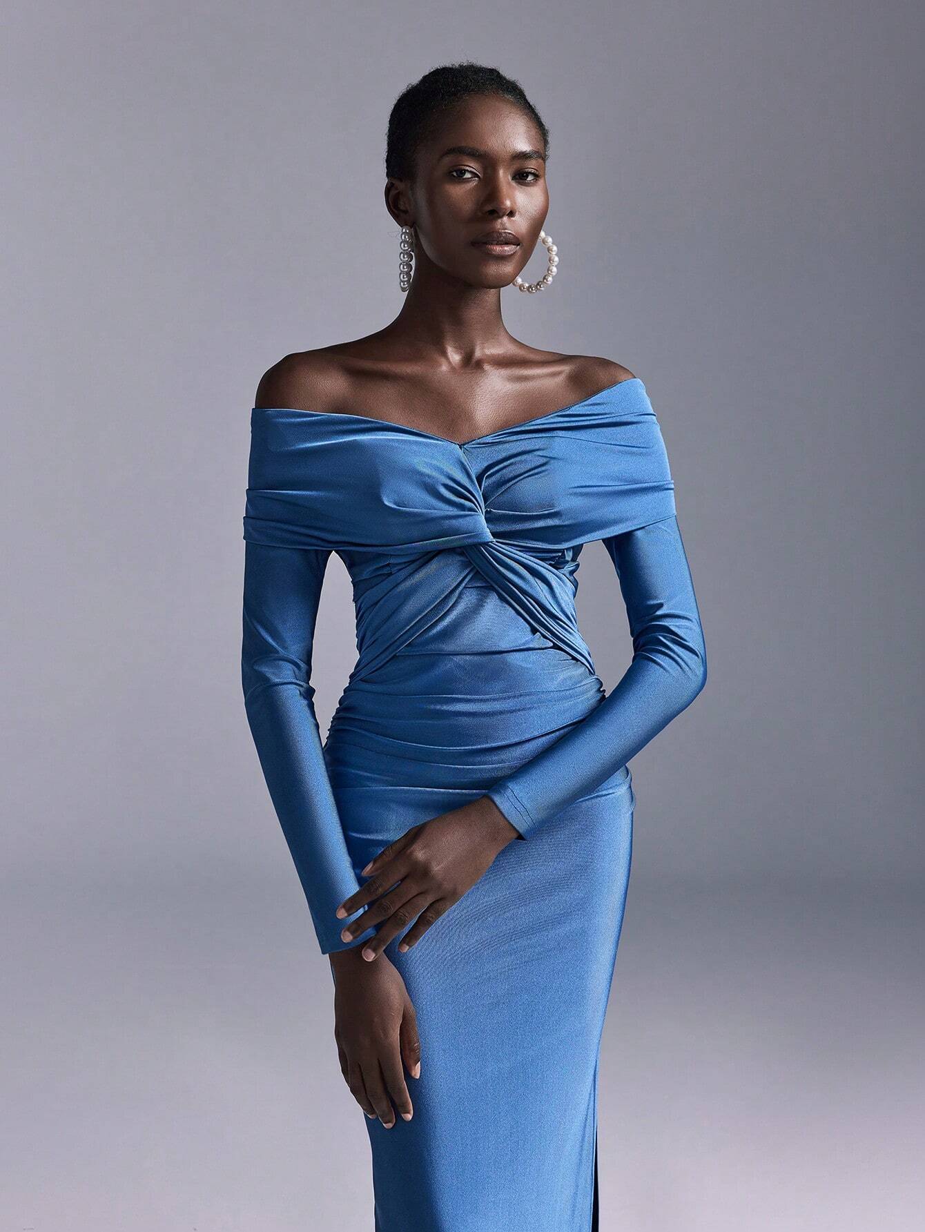 Elitara Blue Spring Elegant Party Wedding Guest Bridesmaid Dress, Knitted Stretch Fabric Pleated One Shoulder - image 4