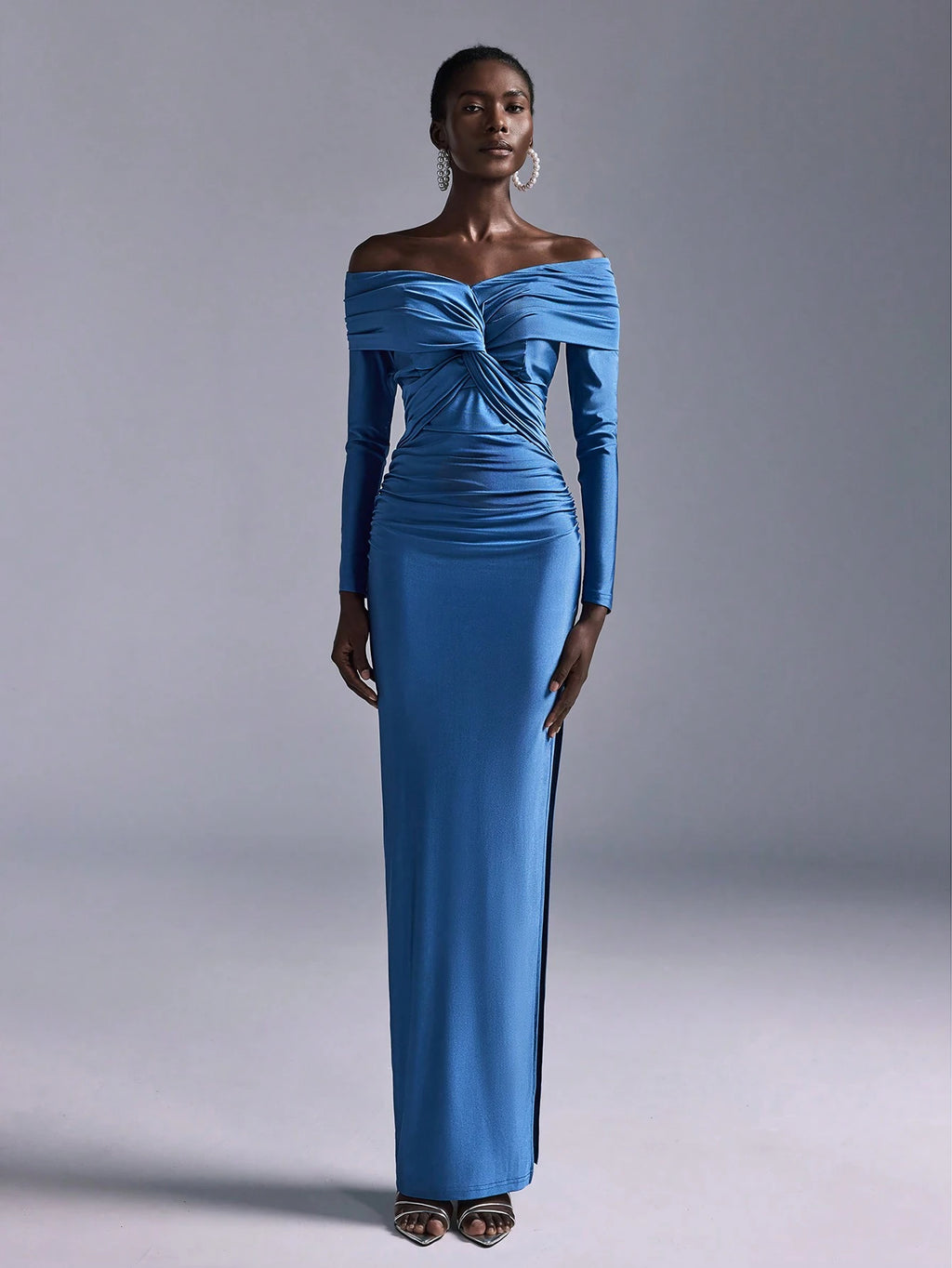 Elitara Blue Spring Elegant Party Wedding Guest Bridesmaid Dress, Knitted Stretch Fabric Pleated One Shoulder - image 5