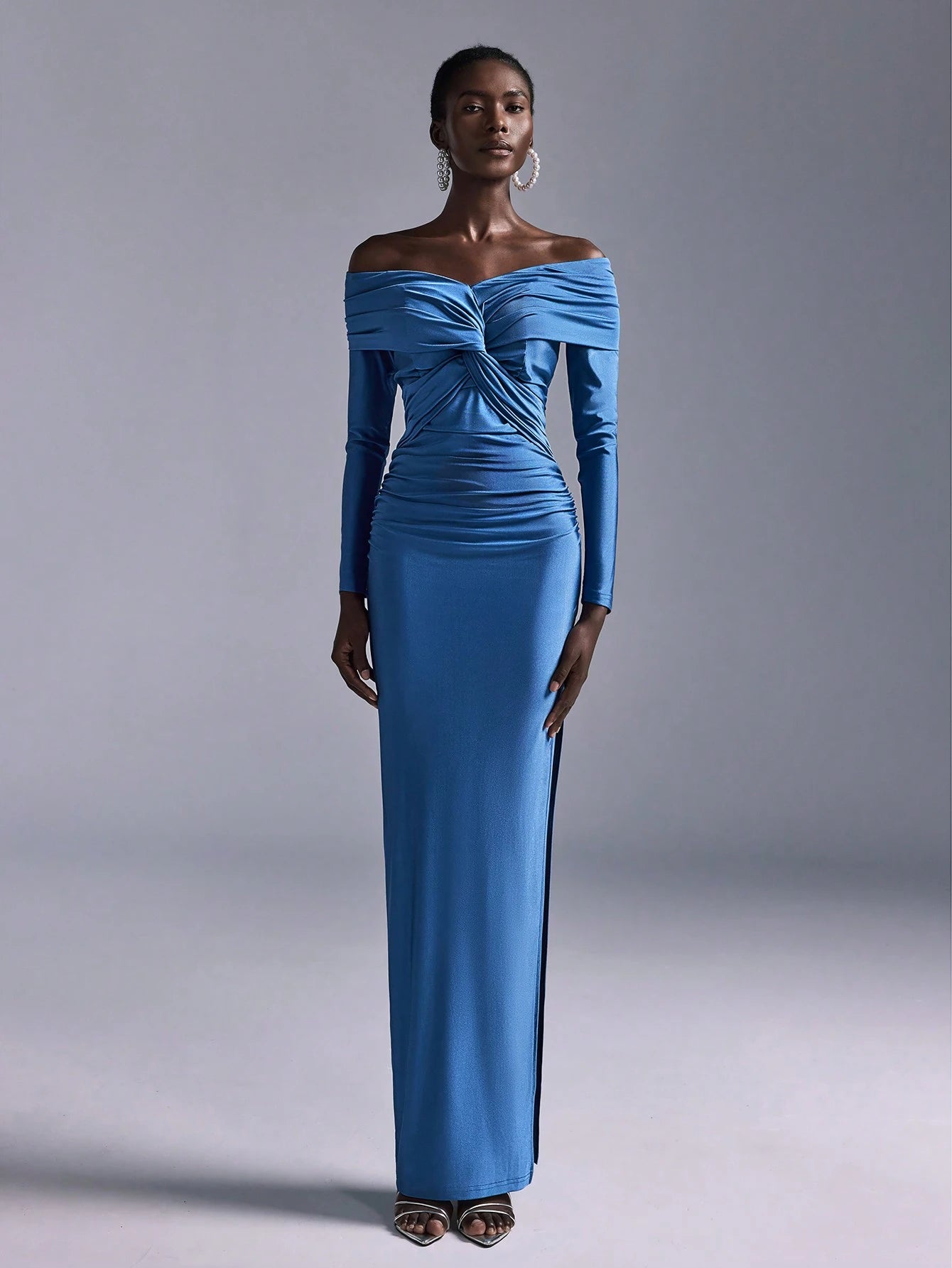 Elitara Blue Spring Elegant Party Wedding Guest Bridesmaid Dress, Knitted Stretch Fabric Pleated One Shoulder - image 5
