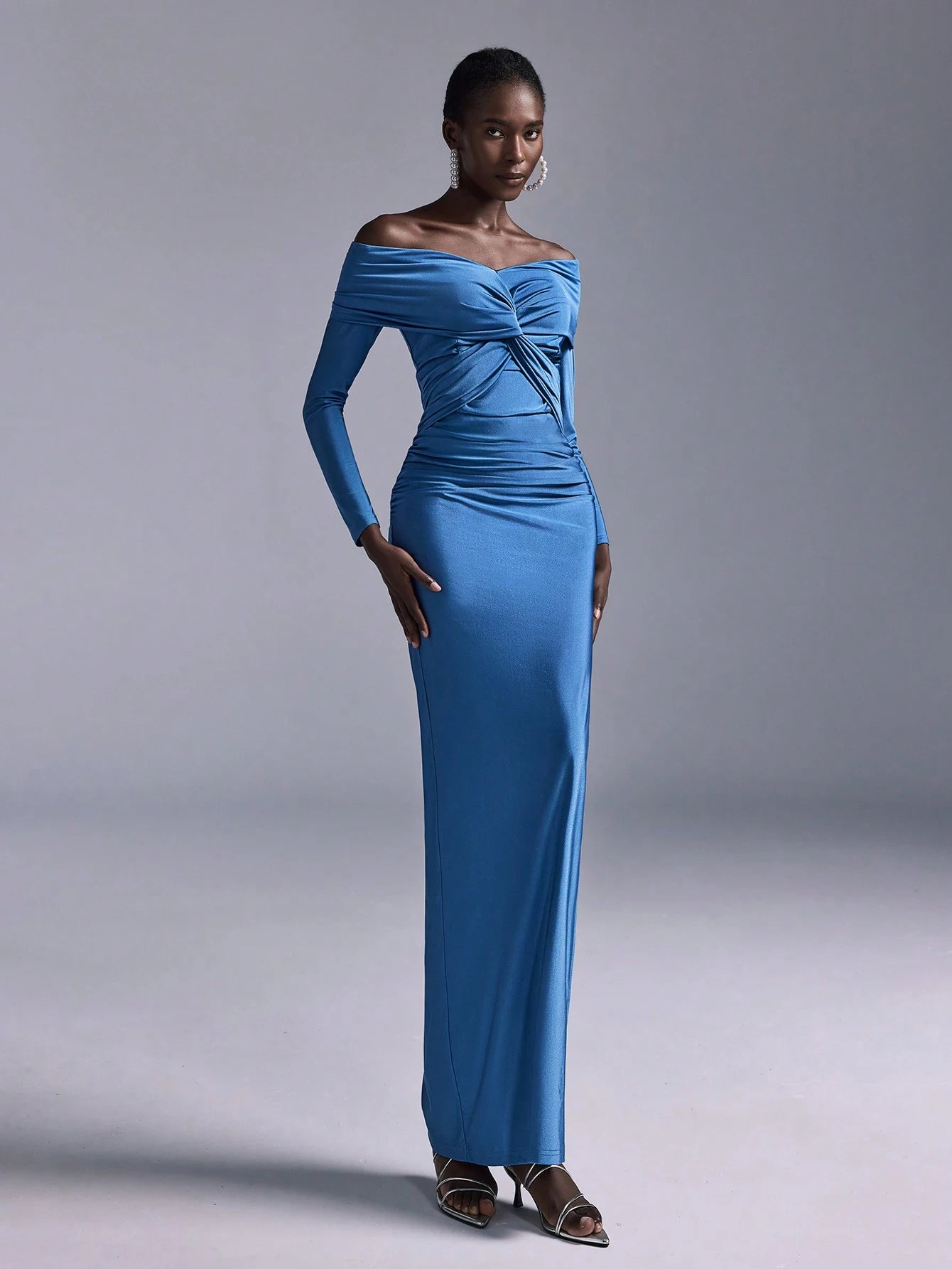 Elitara Blue Spring Elegant Party Wedding Guest Bridesmaid Dress, Knitted Stretch Fabric Pleated One Shoulder - image 7