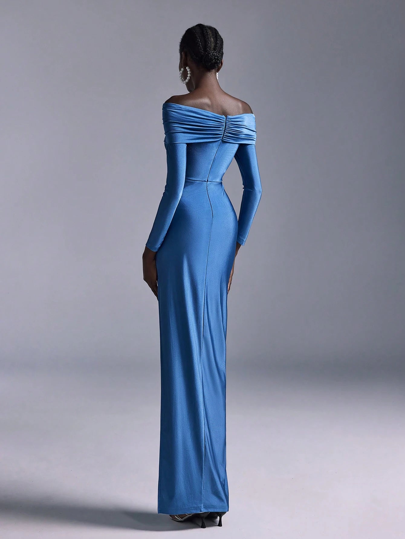 Elitara Blue Spring Elegant Party Wedding Guest Bridesmaid Dress, Knitted Stretch Fabric Pleated One Shoulder - image 2