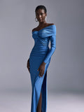 Elitara Blue Spring Elegant Party Wedding Guest Bridesmaid Dress, Knitted Stretch Fabric Pleated One Shoulder
