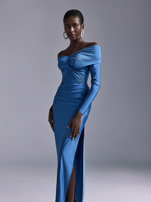 Elitara Blue Spring Elegant Party Wedding Guest Bridesmaid Dress, Knitted Stretch Fabric Pleated One Shoulder