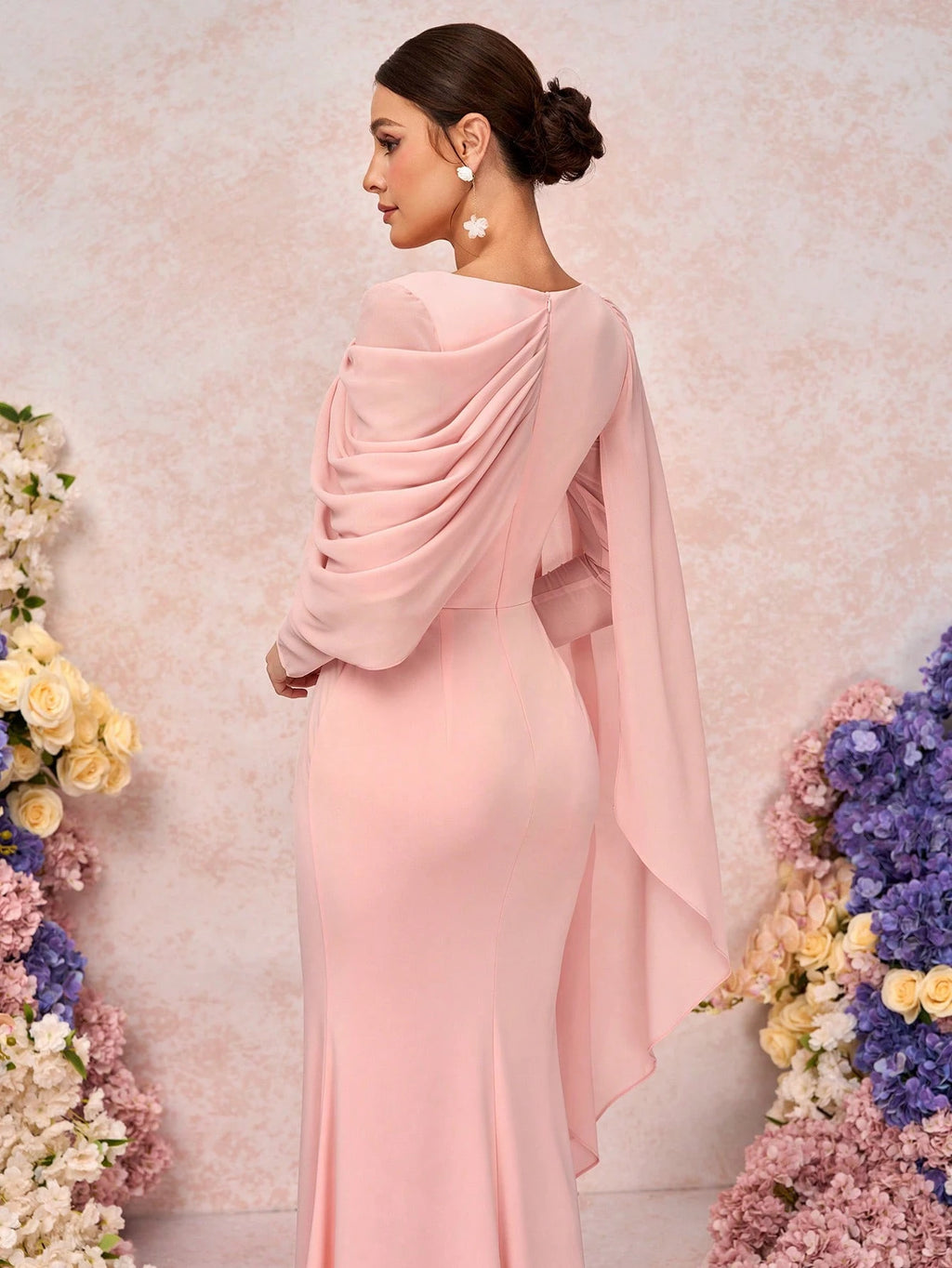 Belle Elegant & Romantic Crew Neck Long Sleeve Pleated Decor Asymmetrical Mermaid Hem Knit Bridesmaid Dress - image 9