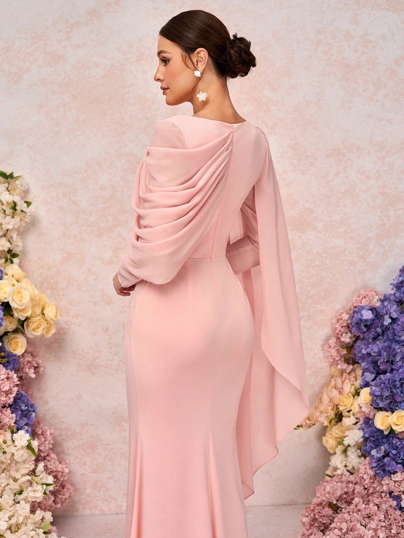 Belle Elegant & Romantic Crew Neck Long Sleeve Pleated Decor Asymmetrical Mermaid Hem Knit Bridesmaid Dress - image 9