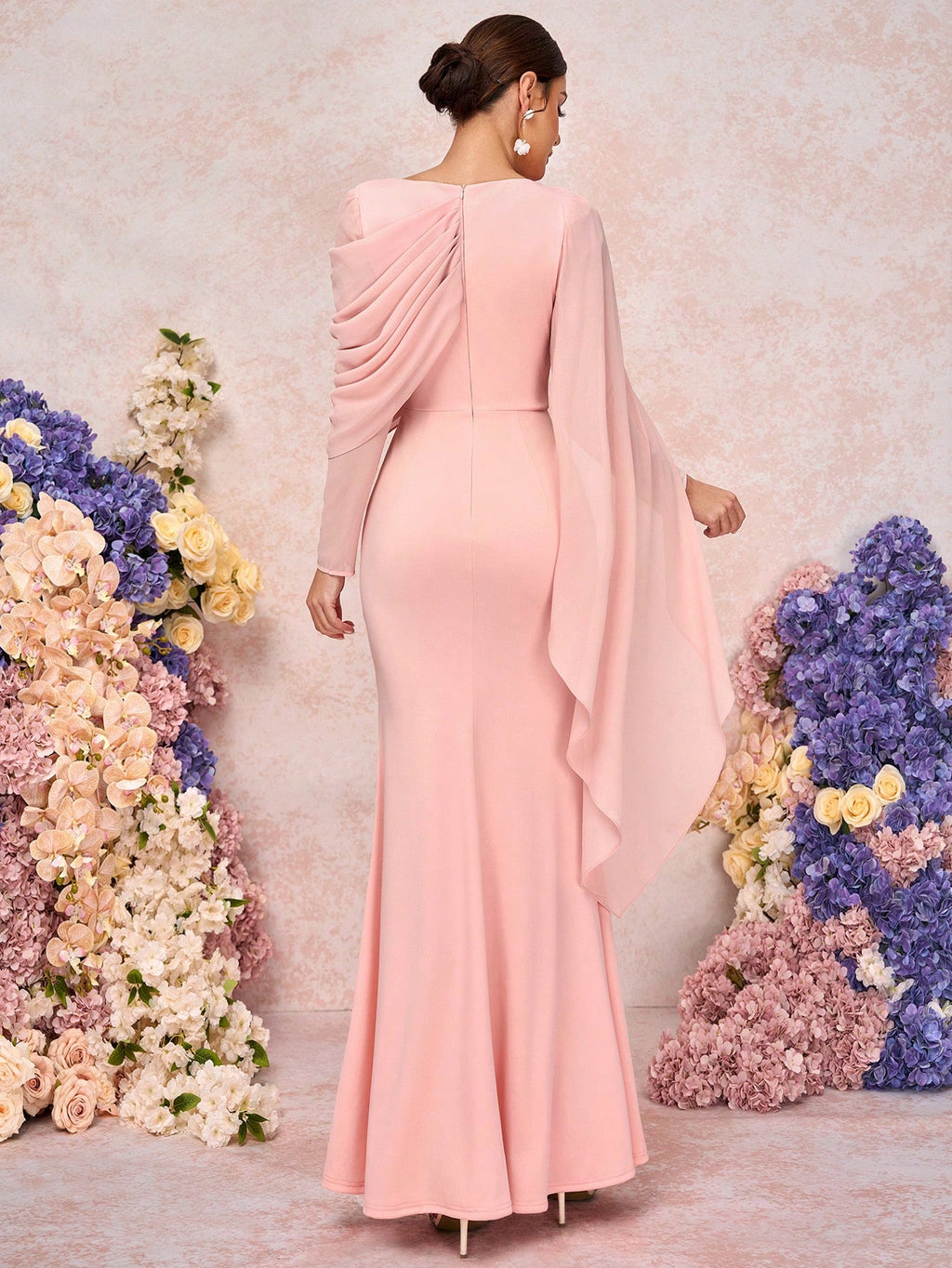 Belle Elegant & Romantic Crew Neck Long Sleeve Pleated Decor Asymmetrical Mermaid Hem Knit Bridesmaid Dress - image 18