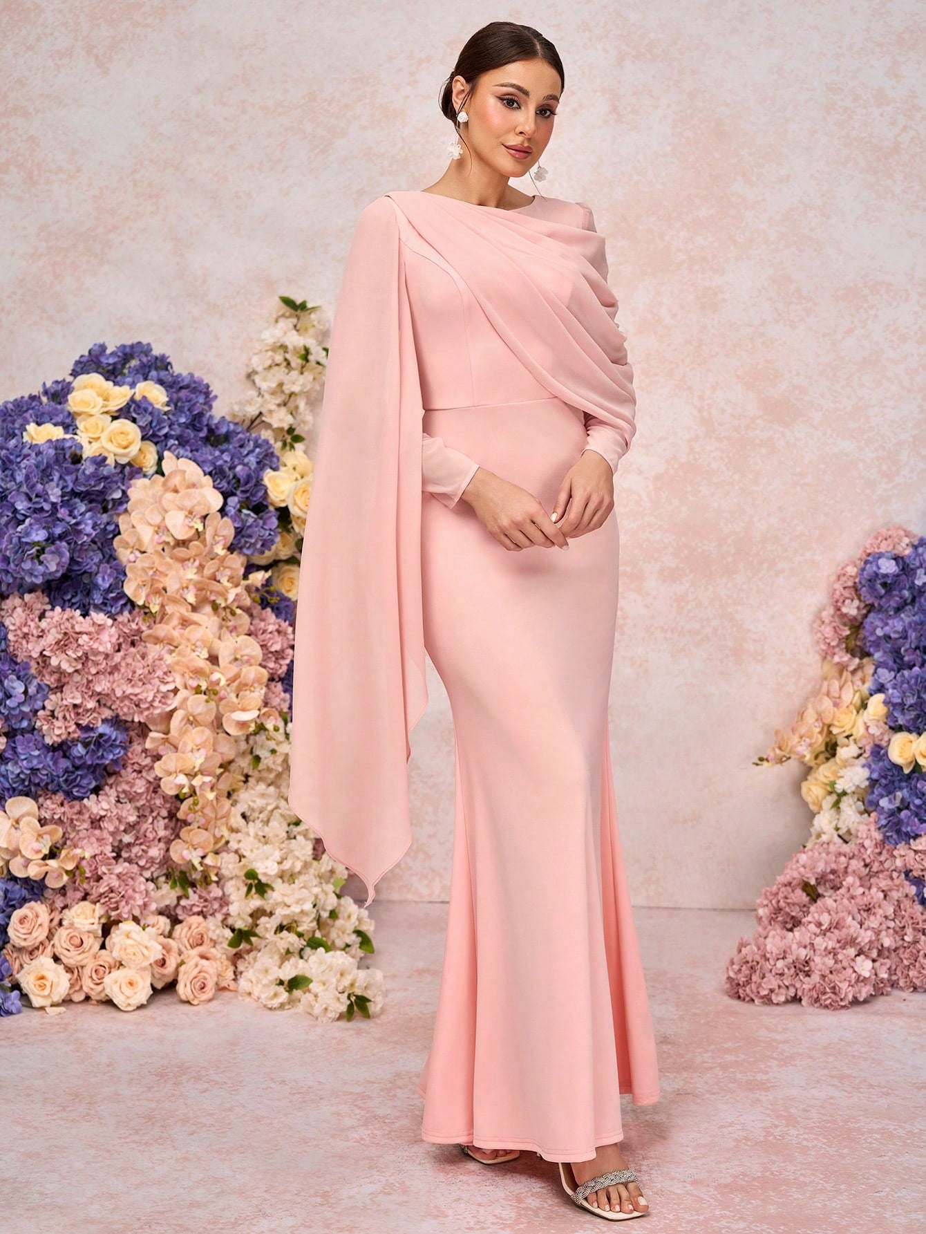 Belle Elegant & Romantic Crew Neck Long Sleeve Pleated Decor Asymmetrical Mermaid Hem Knit Bridesmaid Dress - image 10