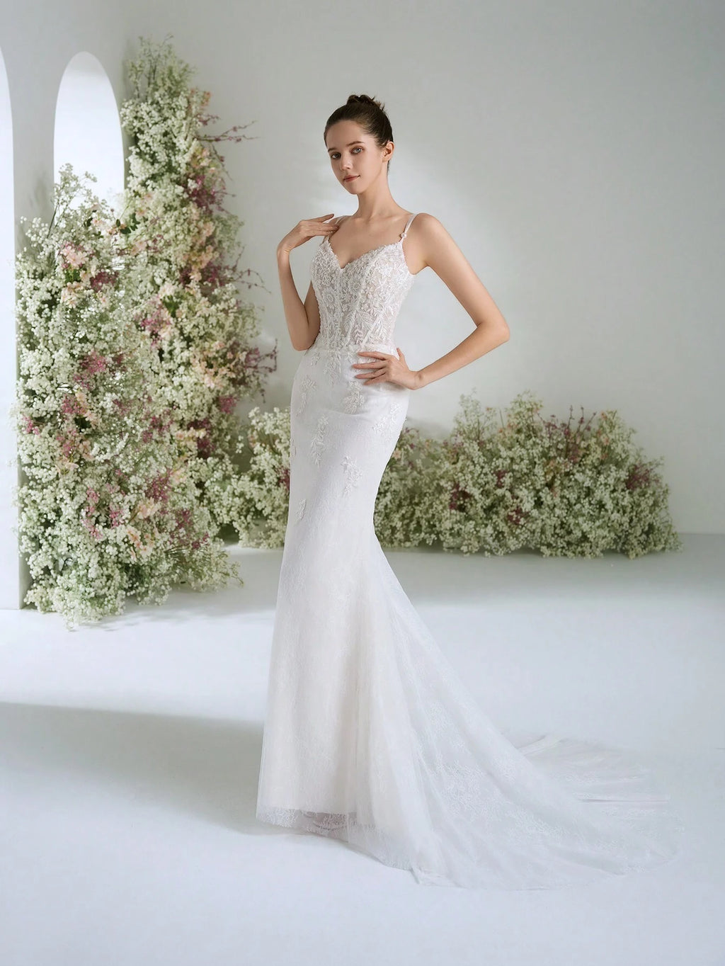 Spaghetti Strap Heart Neckline Lace Sequin Flowing Elegant Luxurious Romantic Trailing High-End Custom - image 7