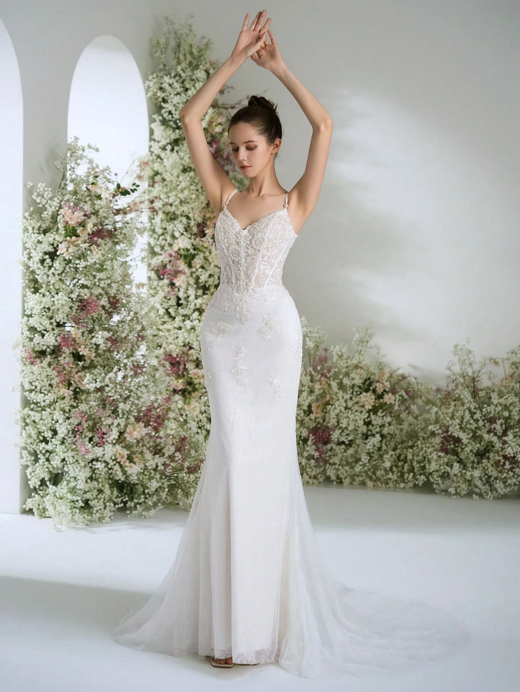 Spaghetti Strap Heart Neckline Lace Sequin Flowing Elegant Luxurious Romantic Trailing High-End Custom - image 5