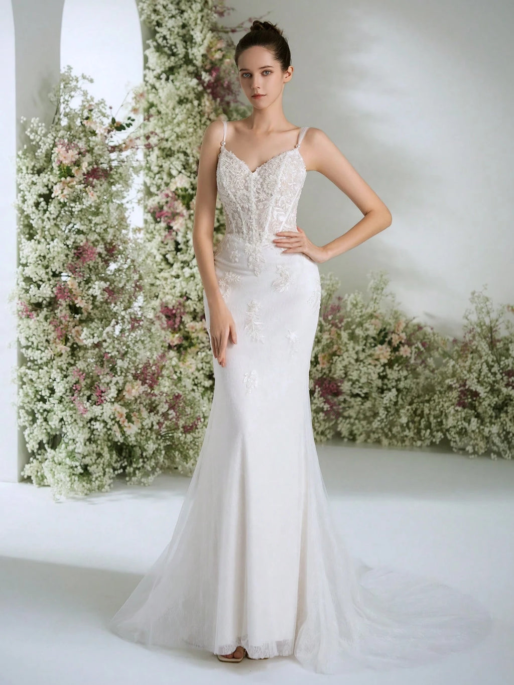 Spaghetti Strap Heart Neckline Lace Sequin Flowing Elegant Luxurious Romantic Trailing High-End Custom - image 4