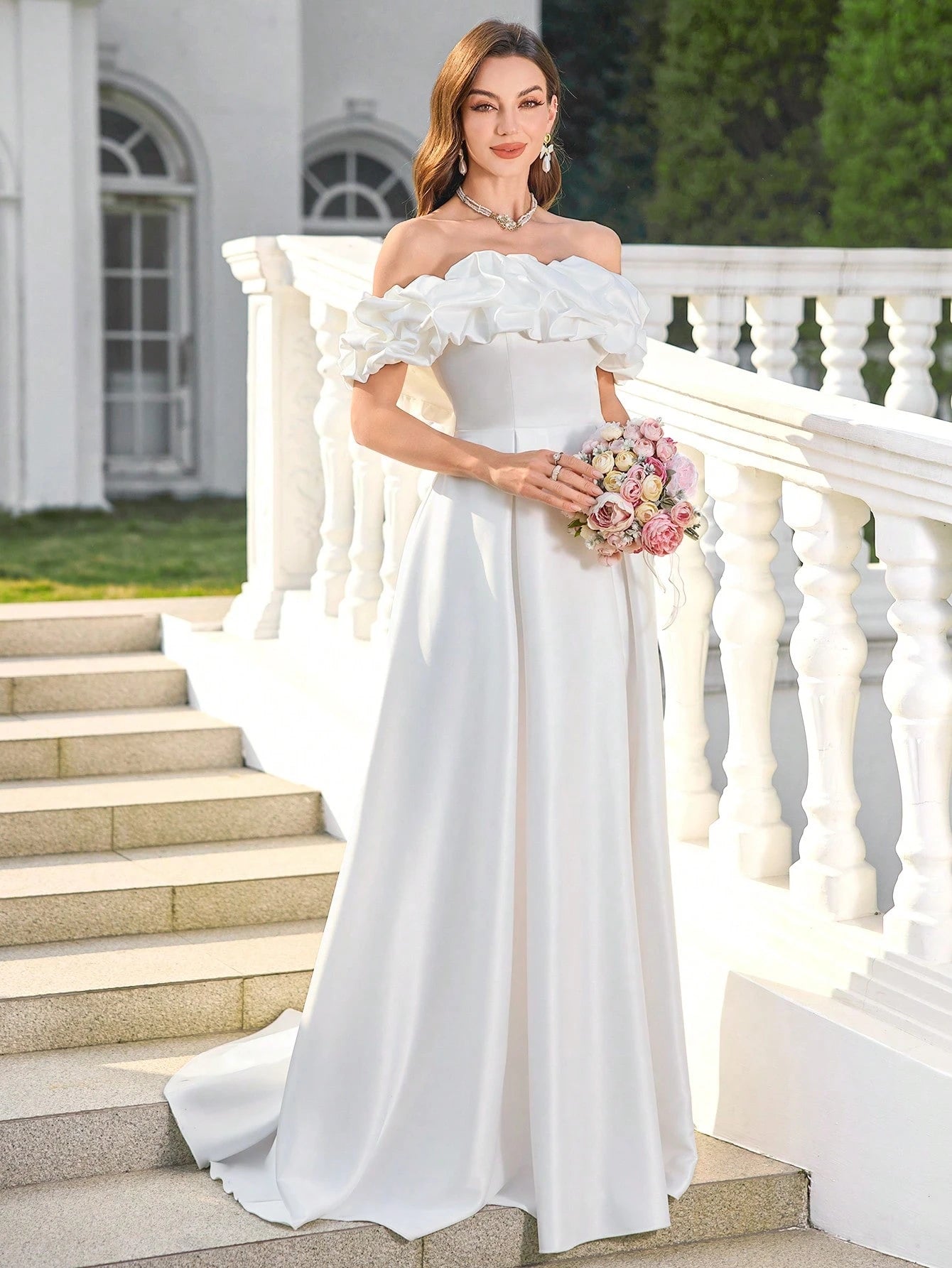 Elasola White Off-Shoulder Ruched Waist Fitted A-Line Hem Wedding Dress, Bridal Gown, All White Party Dress - image 7