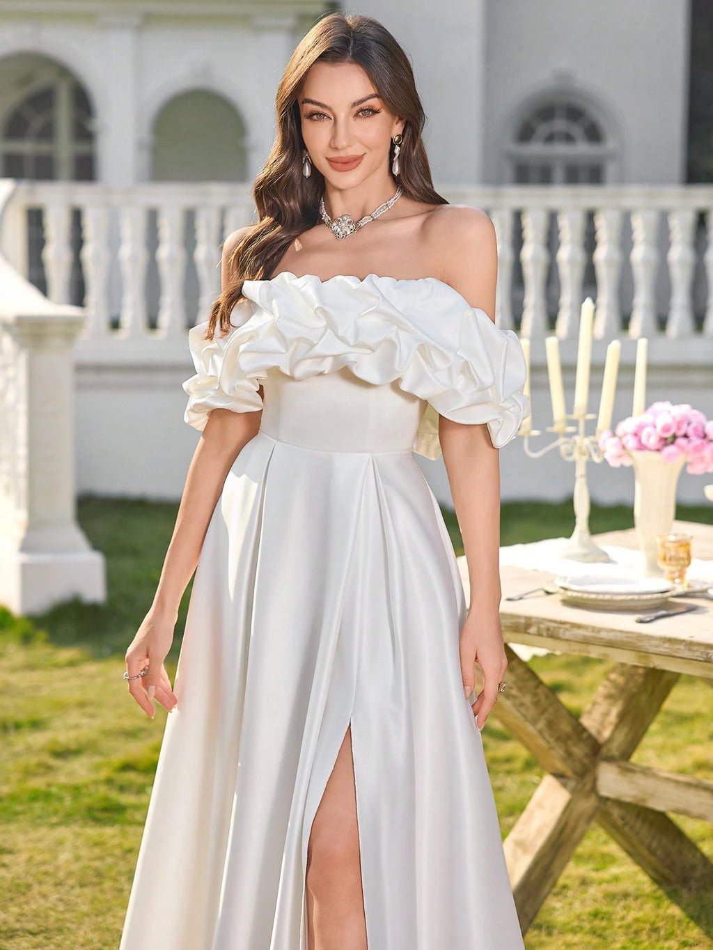 Elasola White Off-Shoulder Ruched Waist Fitted A-Line Hem Wedding Dress, Bridal Gown, All White Party Dress - image 2