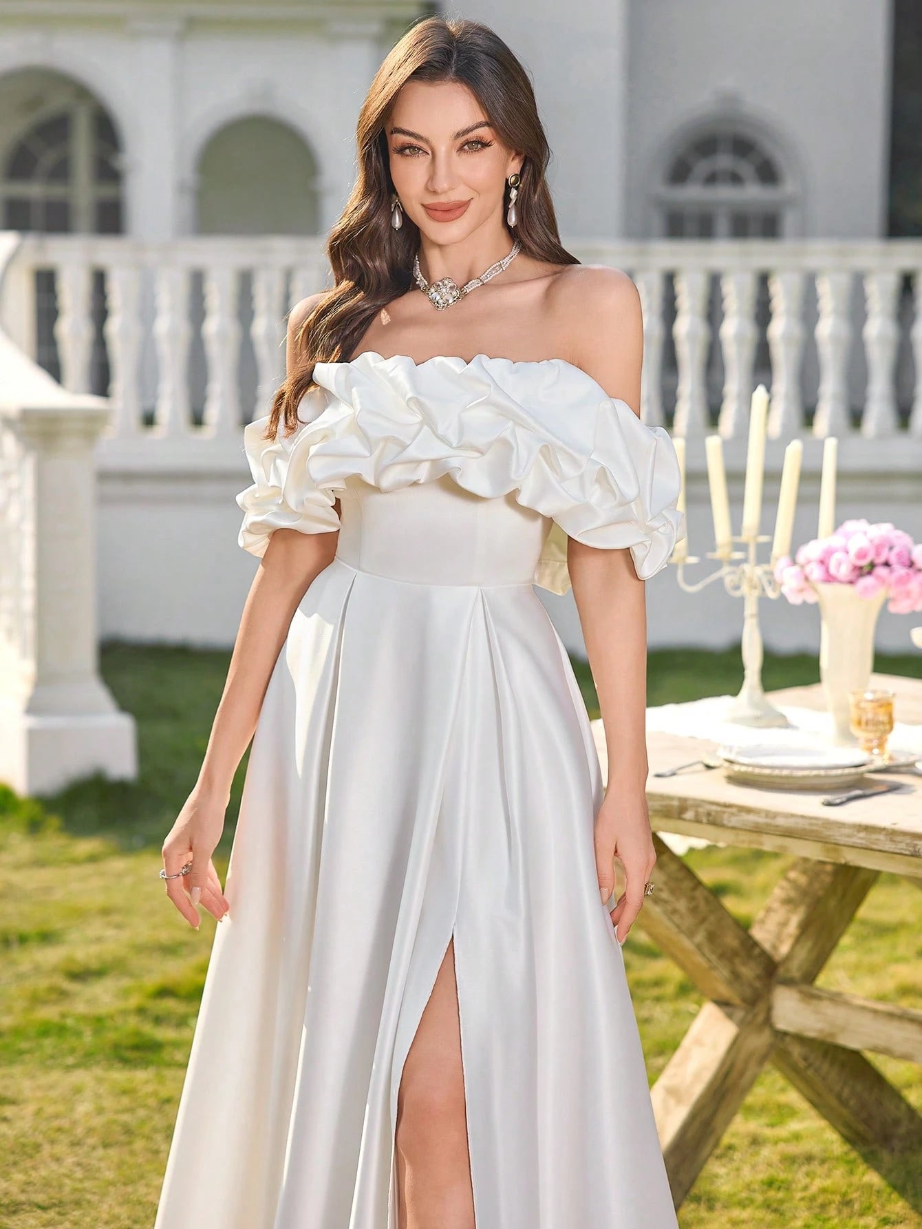 Elasola White Off-Shoulder Ruched Waist Fitted A-Line Hem Wedding Dress, Bridal Gown, All White Party Dress - image 2