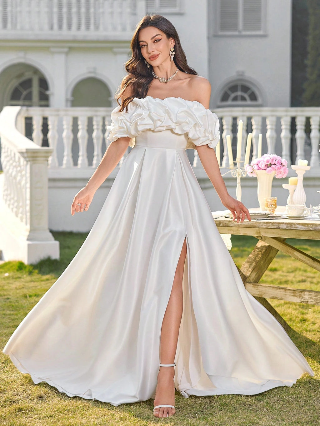 Elasola White Off-Shoulder Ruched Waist Fitted A-Line Hem Wedding Dress, Bridal Gown, All White Party Dress - image 9