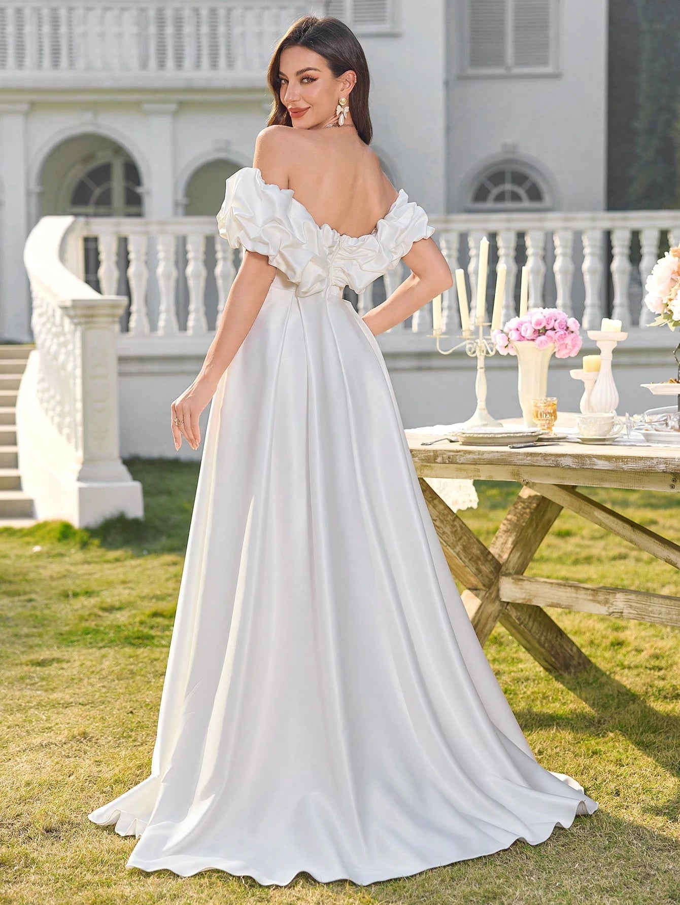 Elasola White Off-Shoulder Ruched Waist Fitted A-Line Hem Wedding Dress, Bridal Gown, All White Party Dress - image 3