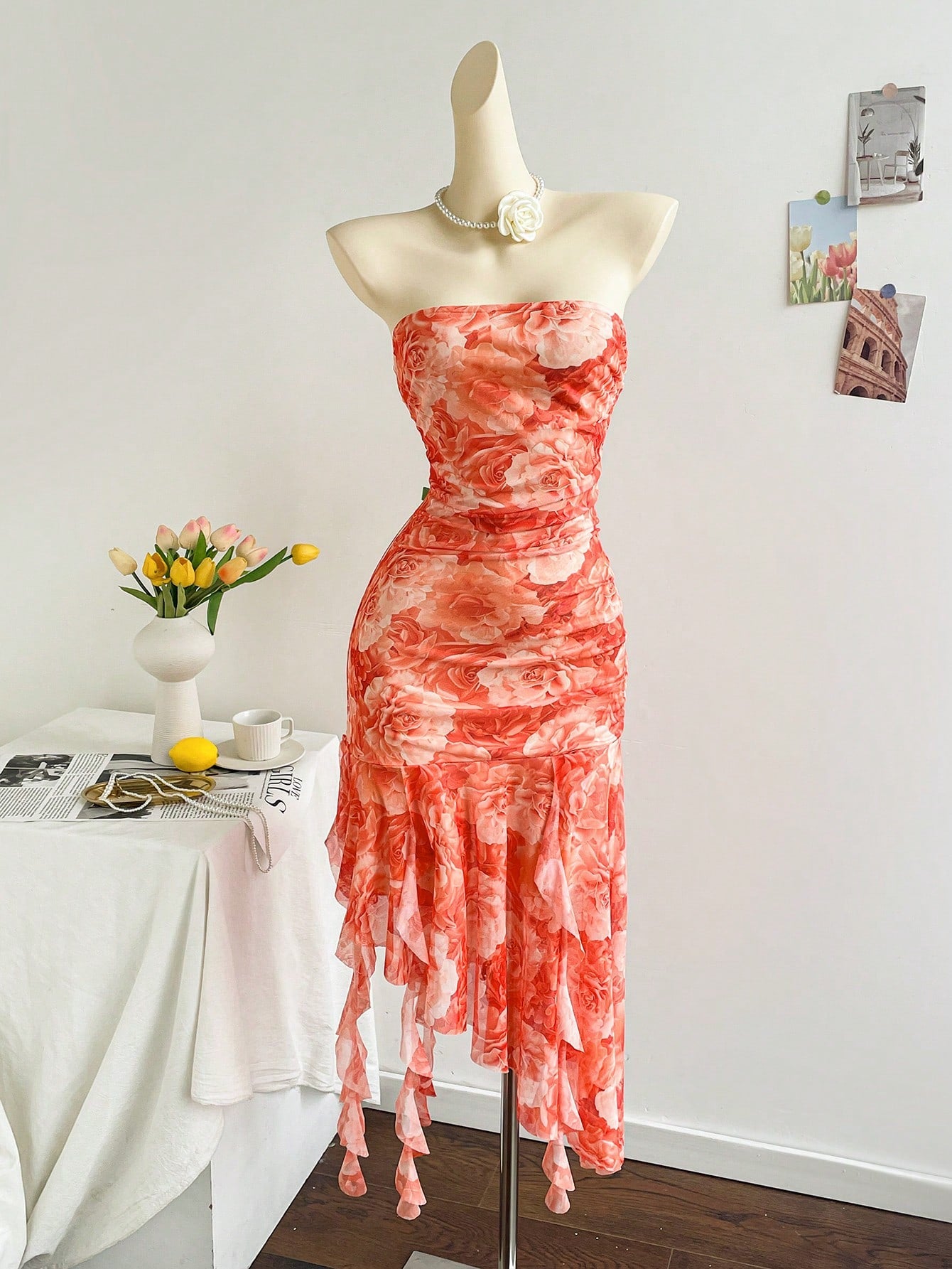 Soleia Pink Floral Mesh Ruffled Tie Strap Dress For Women,Summer Tropical Holiday Vacation, Boho Club - image 9