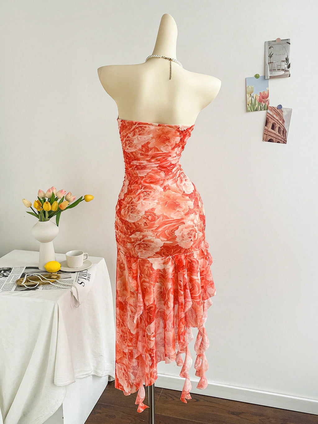 Soleia Pink Floral Mesh Ruffled Tie Strap Dress For Women,Summer Tropical Holiday Vacation, Boho Club - image 10