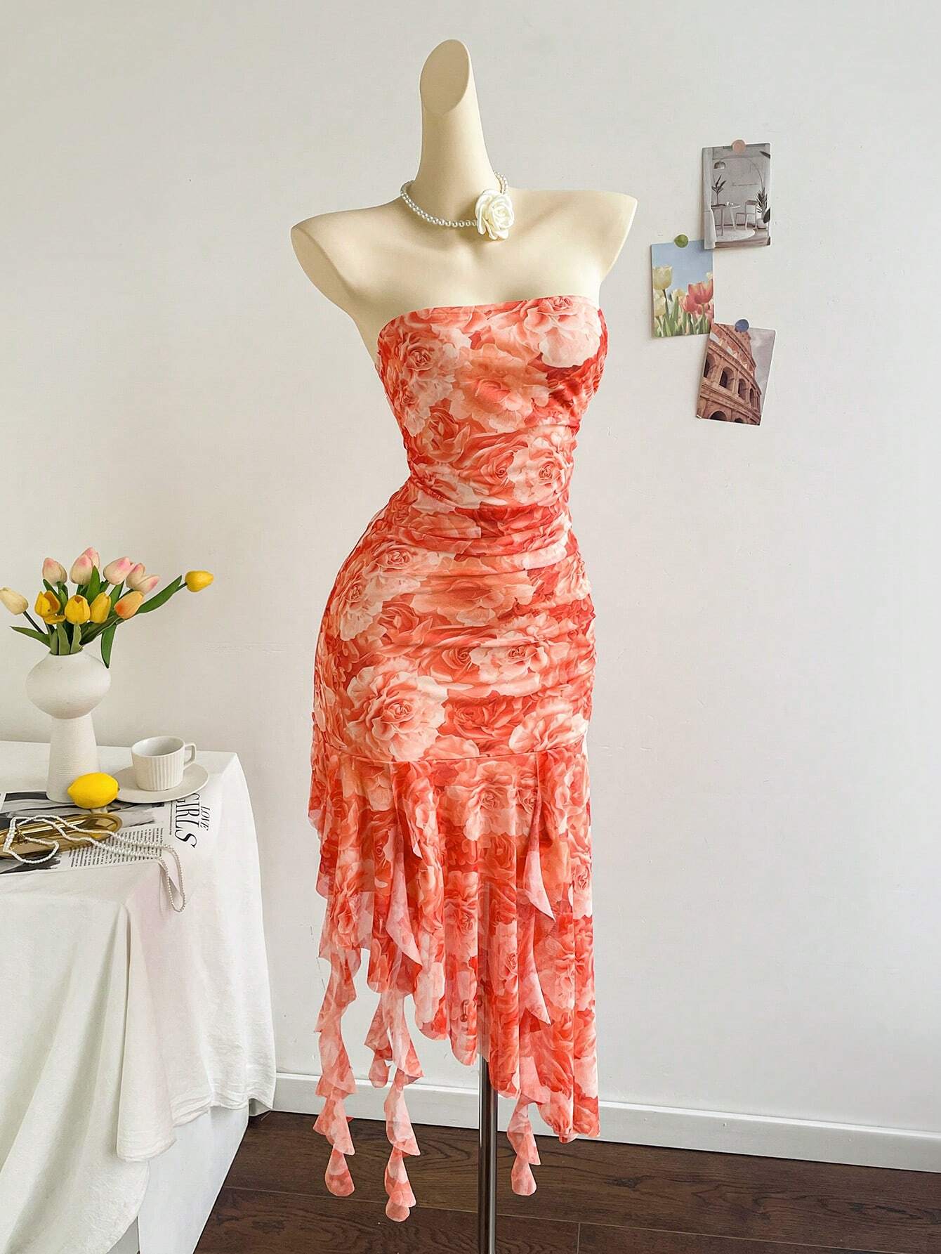 Soleia Pink Floral Mesh Ruffled Tie Strap Dress For Women,Summer Tropical Holiday Vacation, Boho Club - image 18