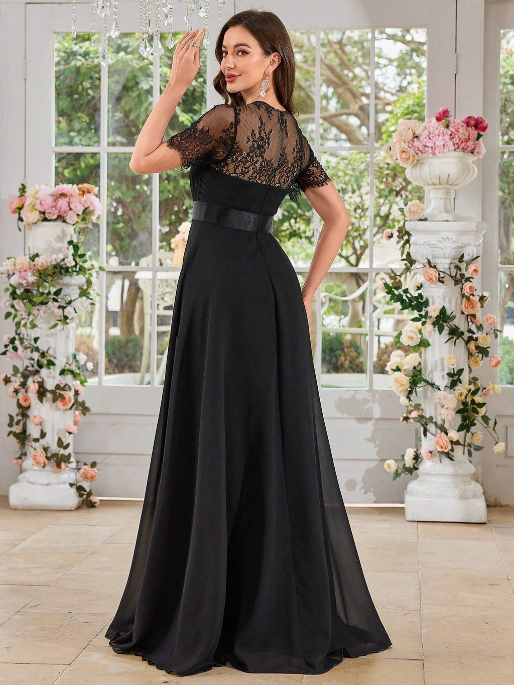 UNITHORSE Women's Square Neck Lace Short Sleeve Patchwork Solid Color Chiffon Pleated Waist Dress Wedding - image 2