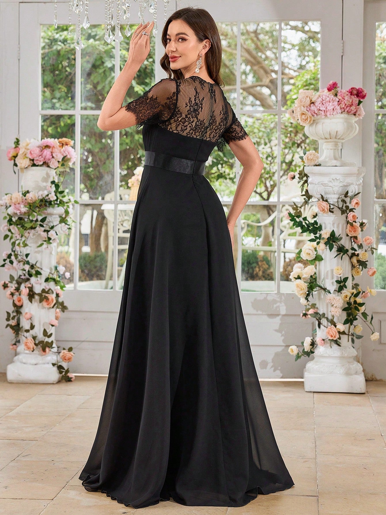 UNITHORSE Women's Square Neck Lace Short Sleeve Patchwork Solid Color Chiffon Pleated Waist Dress Wedding - image 2