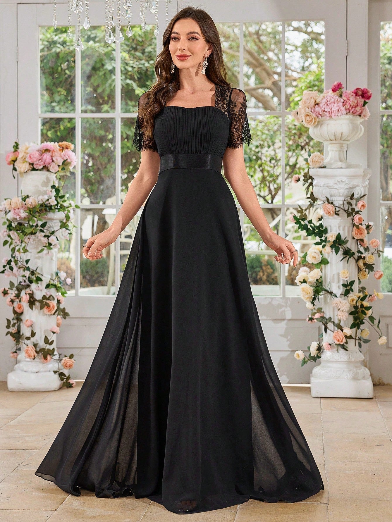 UNITHORSE Women's Square Neck Lace Short Sleeve Patchwork Solid Color Chiffon Pleated Waist Dress Wedding - image 5