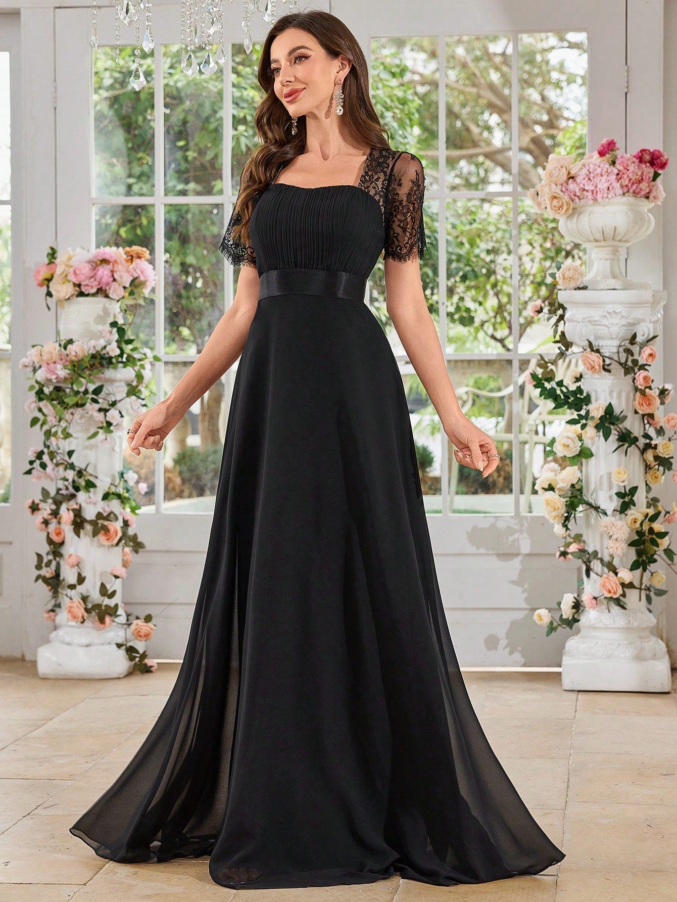 UNITHORSE Women's Square Neck Lace Short Sleeve Patchwork Solid Color Chiffon Pleated Waist Dress Wedding - image 6