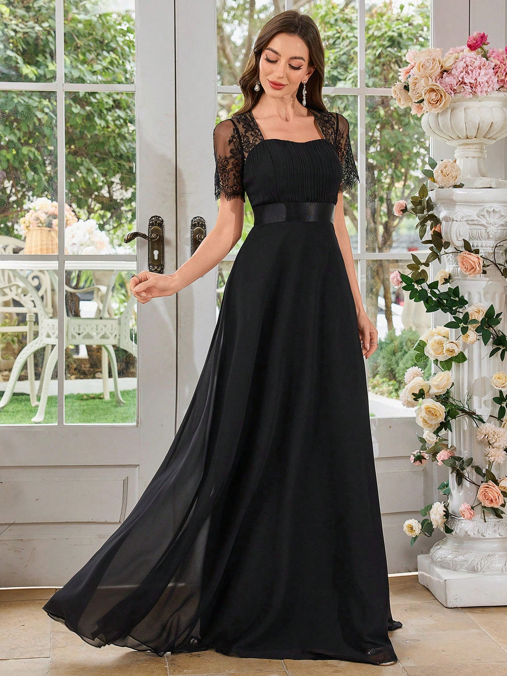 UNITHORSE Women's Square Neck Lace Short Sleeve Patchwork Solid Color Chiffon Pleated Waist Dress Wedding - image 3