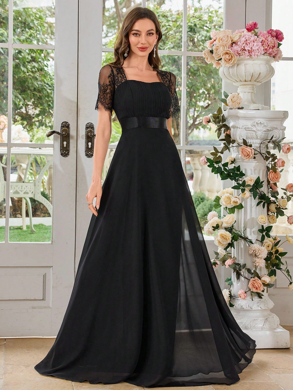 UNITHORSE Women's Square Neck Lace Short Sleeve Patchwork Solid Color Chiffon Pleated Waist Dress Wedding