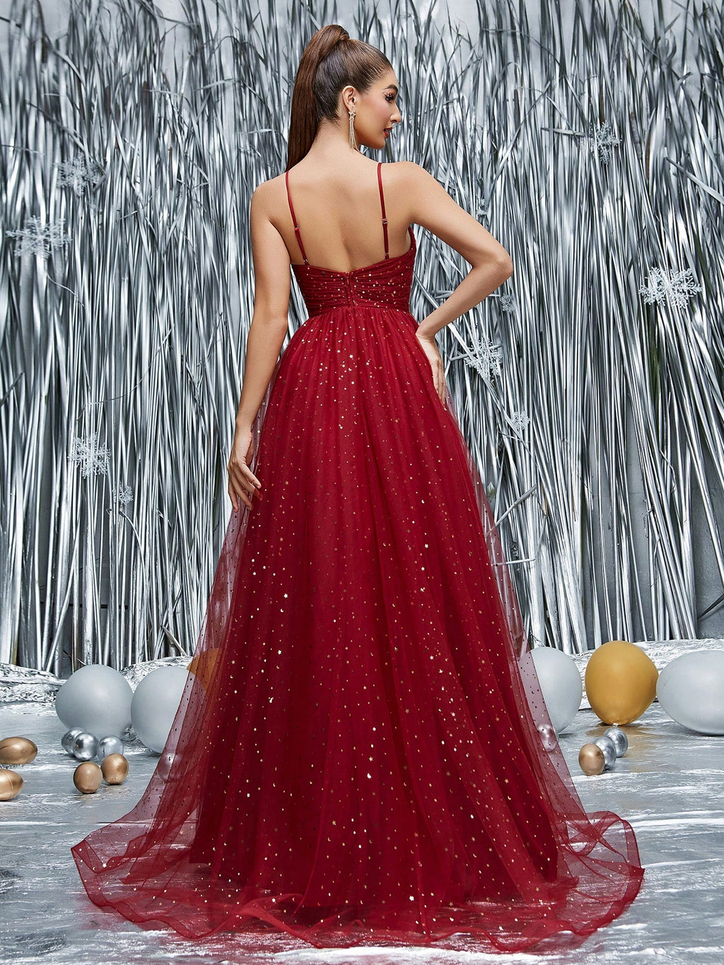 Mgiacy New V-Neck Spaghetti Strap Romantic Bridesmaid Dress With Pleats, Sequins And Mesh Maxi Skirt - image 2
